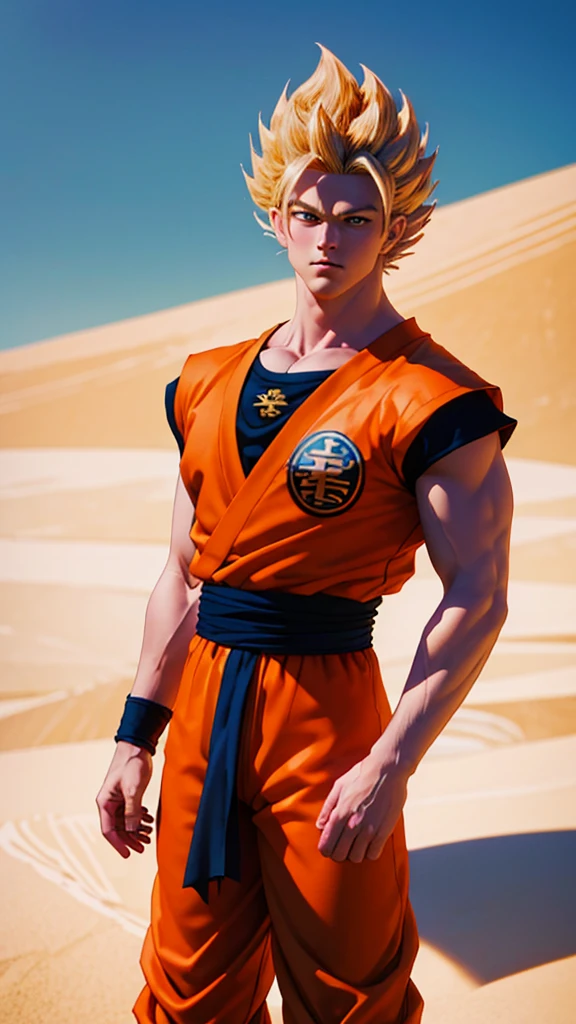 Masterpiece, Ultra realistic, 16k, high quality, incredibly detailed, dream aesthetic, dream atmosphere, pretty man. Tall. Son Goku (super saiyan) from Dragon Ball Z (Majin buu saga), shiny (pale-blond) hair, realistic pale-golden hair, messy spiky hair. Turquoise bright eyes, intense eyes look, shiny serious (blue) eyes. Pale-blond hair fluttering. blushing cheeks. tanned skin illuminated, realistic perfect shading, absurdres, realistic textures, pretty man, looking at viewer, standing. Tall. orange goku shirt with a dark blue shirt under, dark blue waist band (hyper realistic) orange pants (real textures). details (detailed textures). quarry (background unfocused), masterpiece, best quality, Photorealistic.