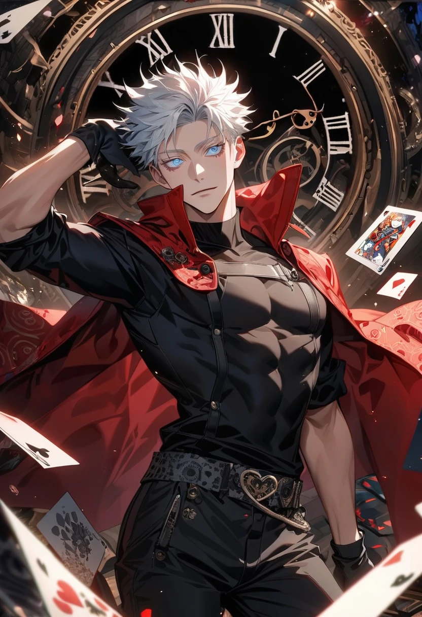 Ultra detailed, highres, absurdres, HDR, Gojo Satoru, white hair with bangs, expressive blue eyes, white eyelashes, Jujutsu Kaisen, red long coat, black tight shirt with patterns, clock, gear, in wonderland, heart cards, sexy man, solo, handsome, very detailed face and eyes, toned chest, black pants, black gloves,