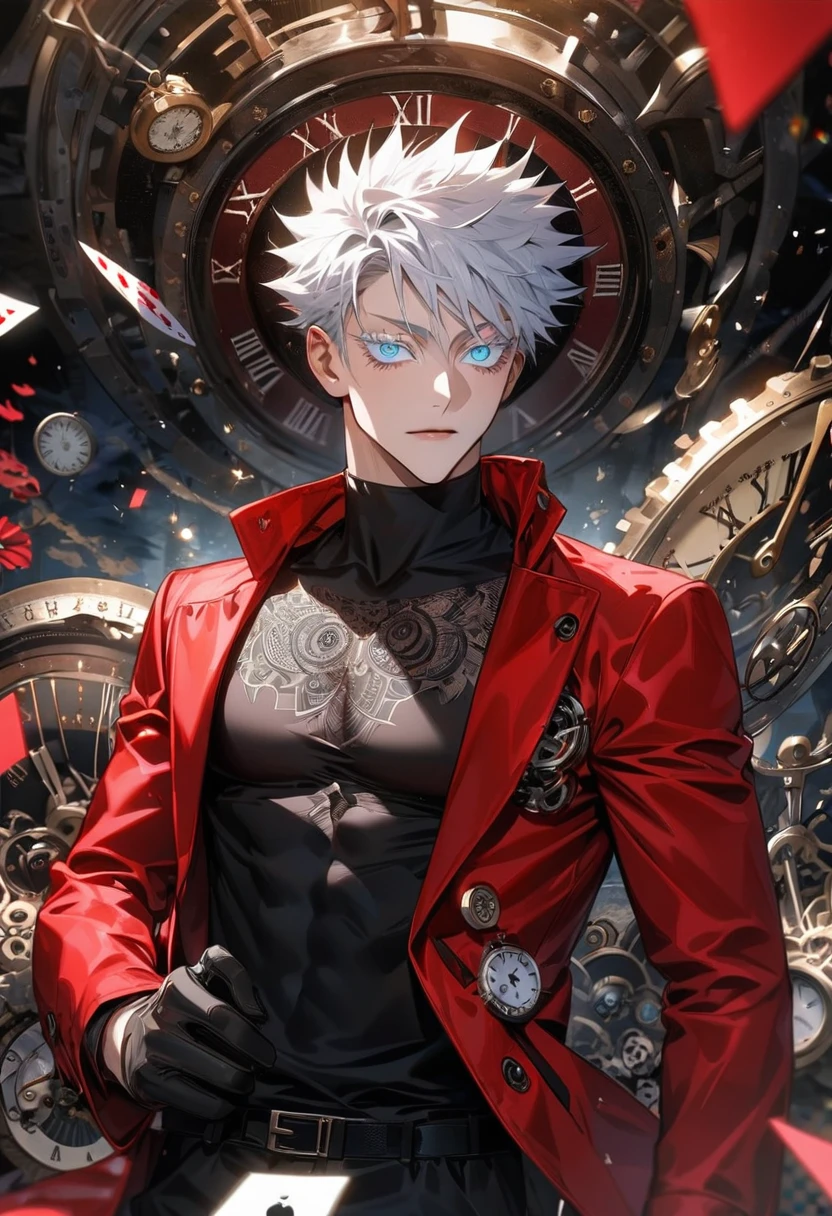 Ultra detailed, highres, absurdres, HDR, Gojo Satoru, white hair with bangs, expressive blue eyes, white eyelashes, Jujutsu Kaisen, red long coat, black tight shirt with patterns, clock, gear, in wonderland, heart cards, sexy man, solo, handsome, very detailed face and eyes, toned chest, black pants, black gloves,