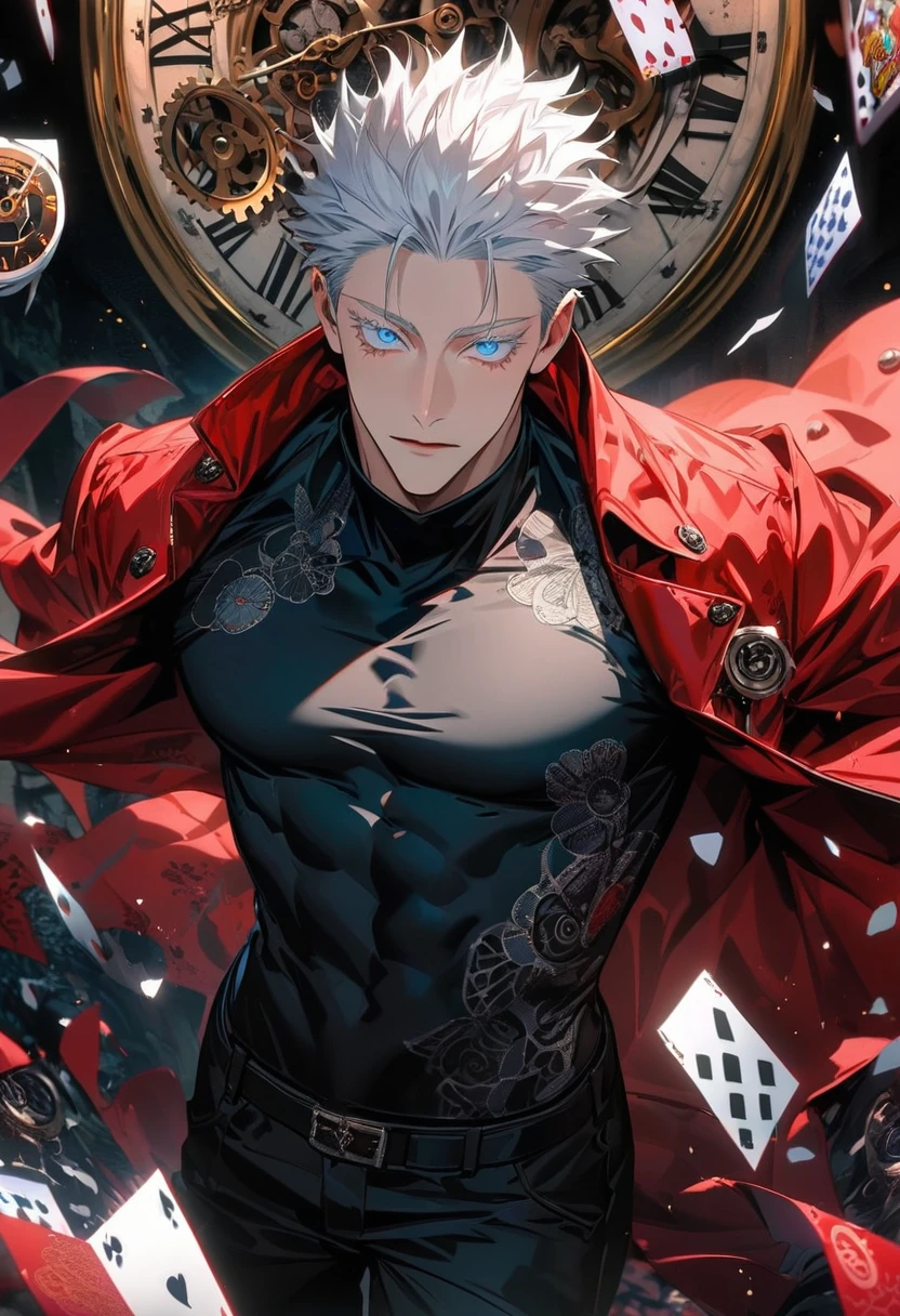 Ultra detailed, highres, absurdres, HDR, Gojo Satoru, white hair with bangs, expressive blue eyes, white eyelashes, Jujutsu Kaisen, red long coat, black tight shirt with patterns, clock, gear, in wonderland, heart cards, sexy man, solo, handsome, very detailed face and eyes, toned chest, black pants, black gloves,