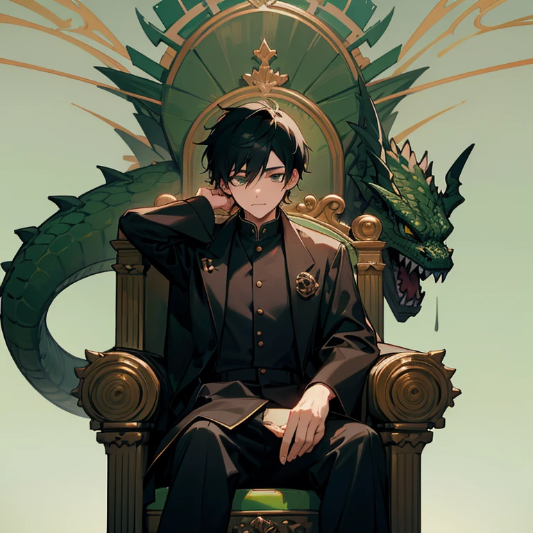 Front focus, 22 year old boy facing straight ahead, black hair parted in the middle, wearing a black jacket, flat face, sitting on a throne and a green dragon as a background.