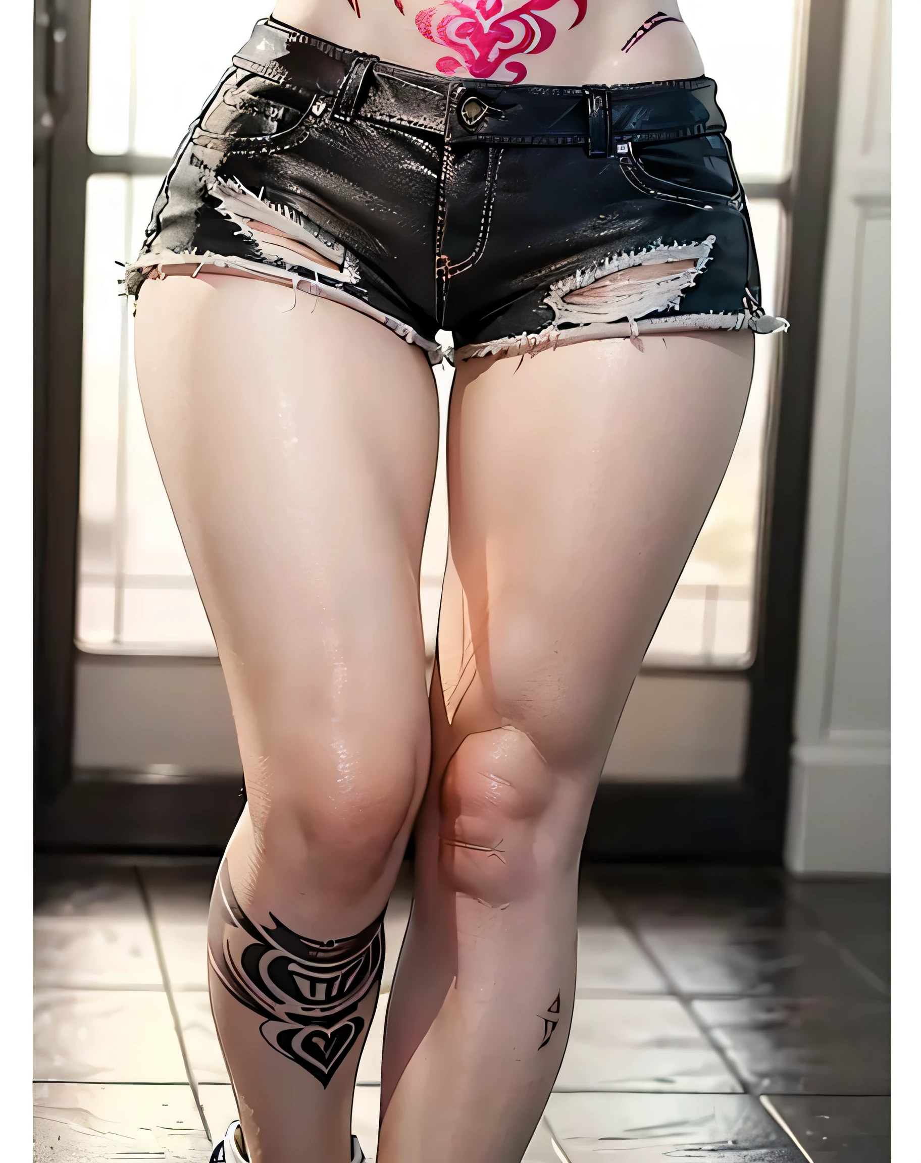 (Browsing Caution:0.7), Perfect Style, Beautiful Face, Highly detailed face and skin texture, (Maximum resolution: 1.2), 1 female,Hip Up, jewelry, (((He has many tattoos all over his body)), Streetwear, (((Tight shorts))), blonde, ,sneakers, (((Tight waist))), ((Big Breasts)),(See-through)