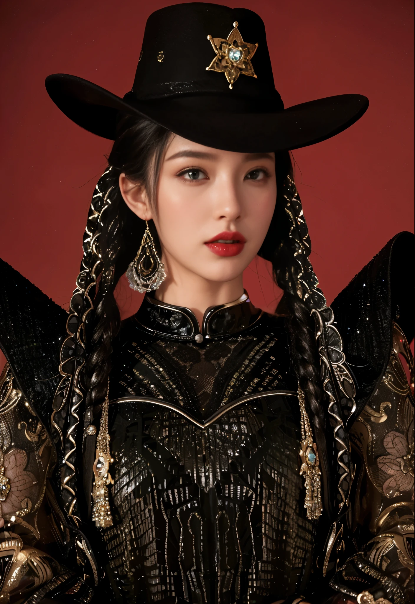 Game Art,Best image quality,Maximum resolution,8k,(A bust photo),(portrait),(Head close-up),(Rule of Thirds),Unreal Engine 5 rendering works,20 year old girl,((Queen)),The eyes are very detailed,(Large Breasts),Elegance and nobility,Movie Lighting,Ray Tracing,Game CG,((3D Unreal Engine)),OC rendering reflection mode,4K,Ultra-clear,Sensual,Translucent lace,Fair and plump figure,Pretty Face,Glossy Gel Coat,身着华贵礼服的Queen,Crystal Gem Crown,Necklace jewelry,blue eyes,Black tattoo(whole body),The tattoo is very three-dimensional,Gorgeous and intricate tattoo designs,Ultra-clear portrait,Sexy thick lips(Red lipstick),Gorgeous Mongolian women's clothes,Cowboy hat on his head,Mongolian female khan,Gorgeous and exquisite costumes