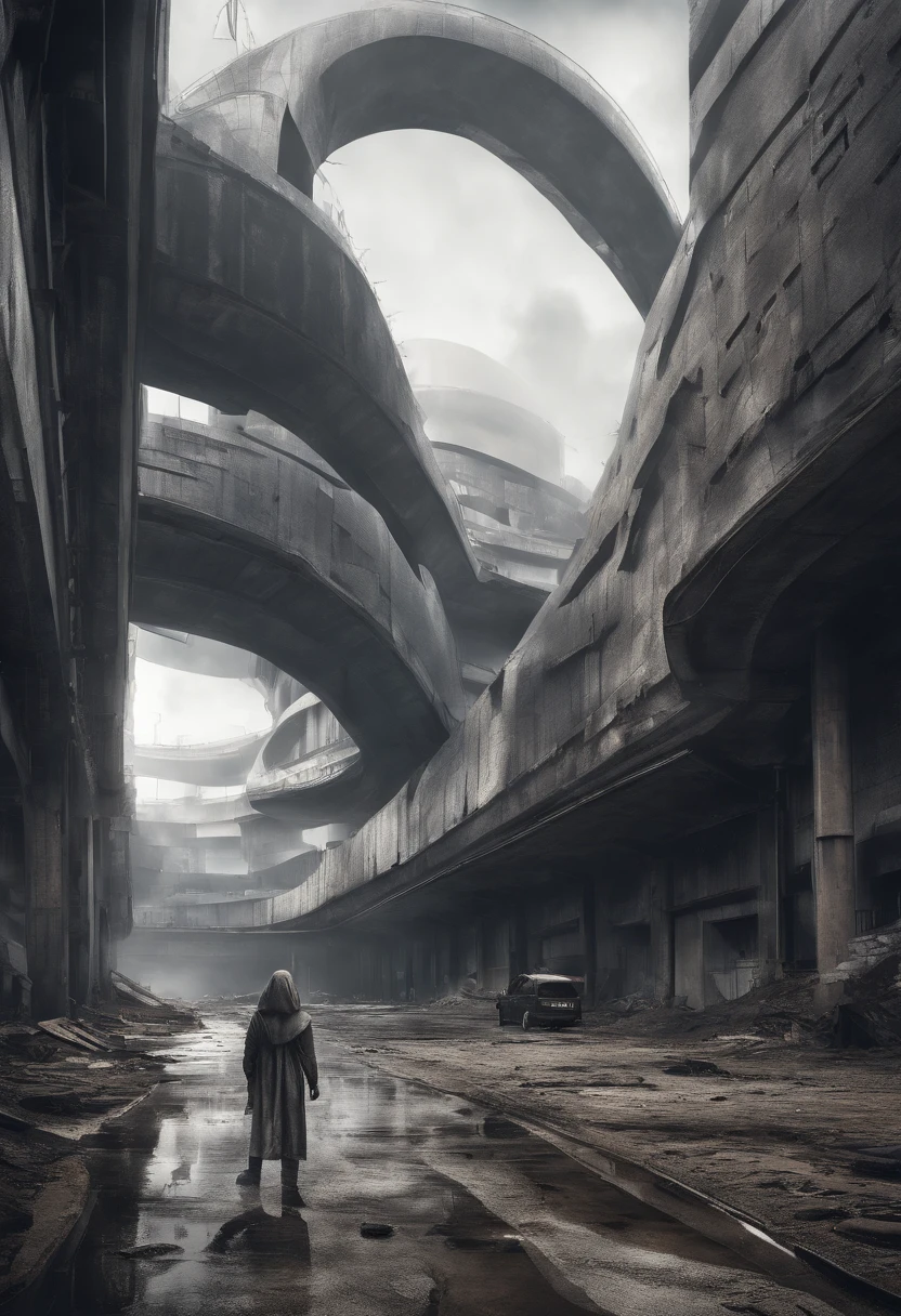 image taken from above and behind the shoulder of a dirty GIRL with her back turned and DRESSED IN a dirty HOOD from a second floor balcony of a dilapidated futuristic curved building, she is looking at an ultra futuristic wide and tall wall, has 2 giant tunnels in the wall with giant hydro-electric turbine propellers, distopia, lixo nas ruas, curved buildings in ruins, apocalypse moderno, has smoky metal structures , It's raining, there are puddles of water in the streets, apocalyptic industrial environment with smoke and fog around, carros escuros nas ruas, tem viadutos largos e longos e bifurcados no meio da cidade, desert megalopolis, trilhos e trens modernos de de metal passando estre as ruas da cidade, curved and tall futuristic metal buildings, many ultra modern curved buildings around, as realistic as possible, As detailed as possible, imagem realista, Science fiction