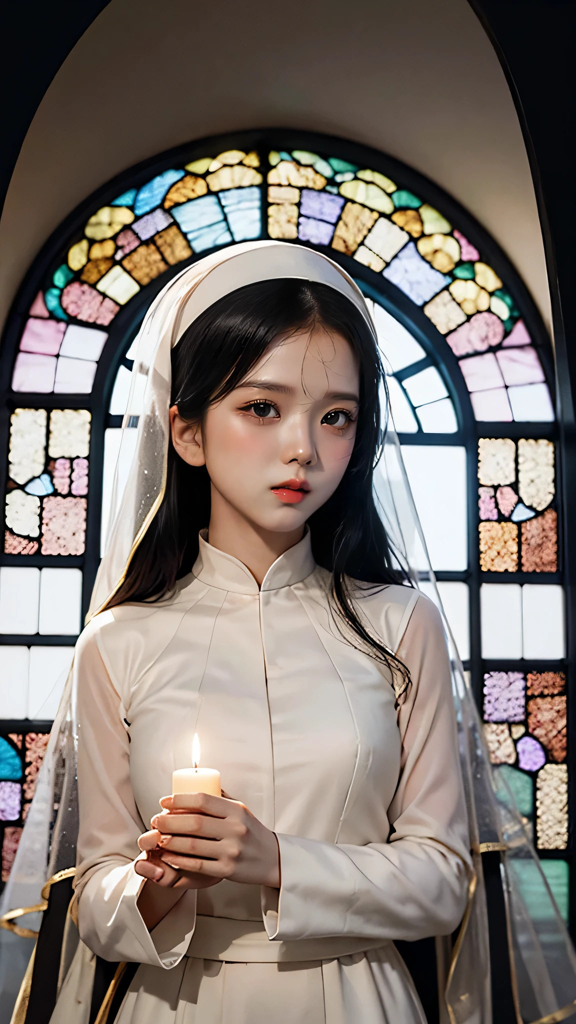 JISOO BLACKPINK as a nun (best quality, highres:1.2), detailed eyes and facial features, delicate and graceful, pure white nun habit, serene expression, soft lighting, religious atmosphere, ethereal beauty, dark long hair, black veil, serene backdrop, peaceful ambiance, calm and tranquil, pure-hearted devotion, elegant posture, angelic presence, divine aura, heavenly purity, sacred devotion, traditional church setting, stained glass windows, subtle shadows, warm candlelight, spiritual serenity, breathtaking portrait