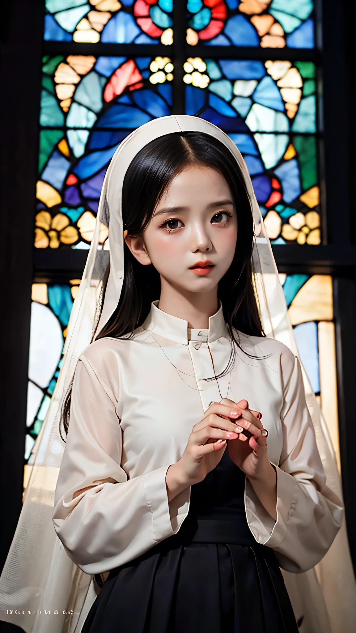 JISOO BLACKPINK as a nun (best quality, highres:1.2), detailed eyes and facial features, delicate and graceful, pure white nun habit, serene expression, soft lighting, religious atmosphere, ethereal beauty, dark long hair, black veil, serene backdrop, peaceful ambiance, calm and tranquil, pure-hearted devotion, elegant posture, angelic presence, divine aura, heavenly purity, sacred devotion, traditional church setting, stained glass windows, subtle shadows, warm candlelight, spiritual serenity, breathtaking portrait