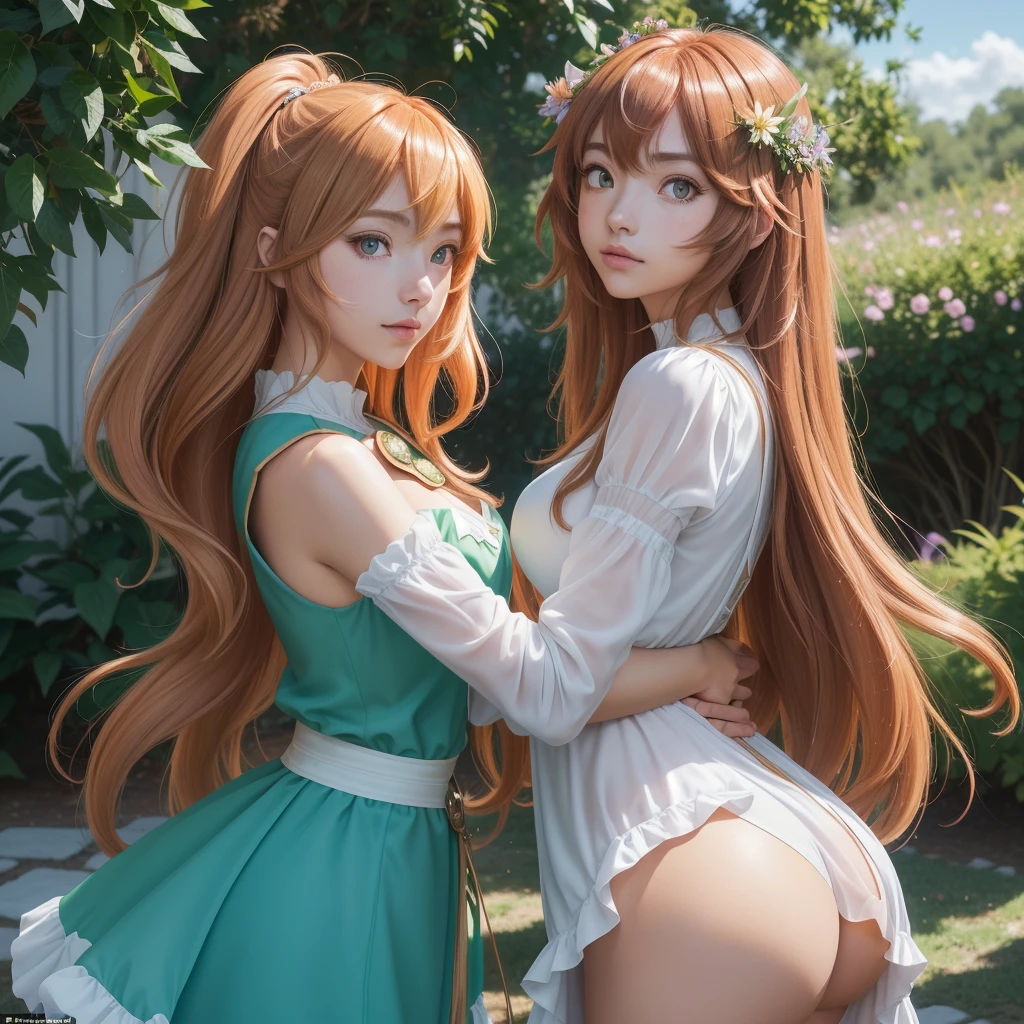 realista,((raphtalia, anime The Rising of the Shield Hero)) ,Holographic hair, heterochromic eyes, Ojos brillantes, caminando de espaldas por un fantasioso campo florido, con un ("!ligero,corto y trasparente vestido) muy sensual (escotado por la espalda!") mientras se gira levemente para posar ( mira a la camara de forma timida y sutil ) (cogiendo con sus manos el corto vestido) y((levantandolo por encima de la cintura)) ((""!!mostrando sus nalgas!!"")), 