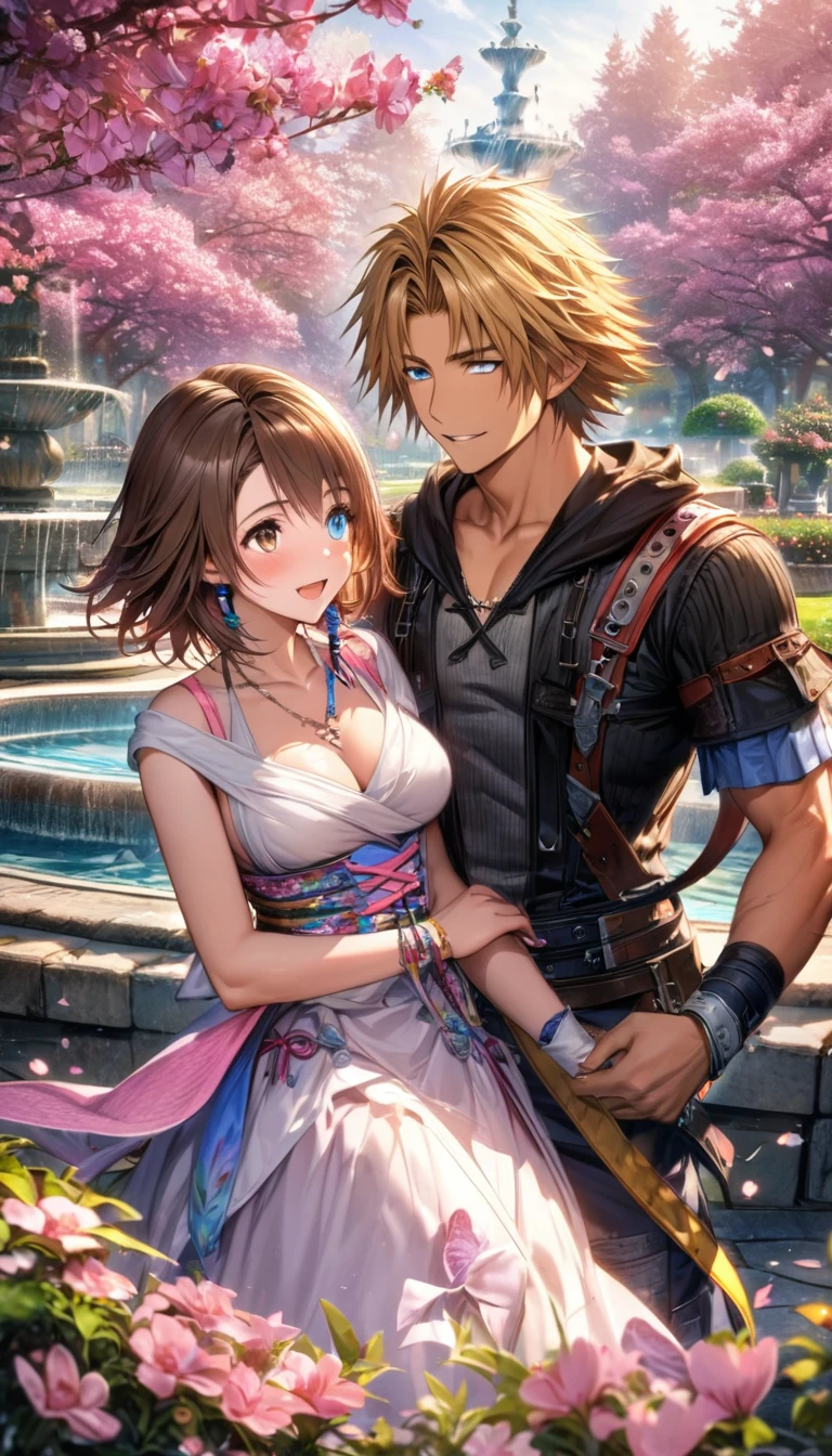 absurdres, highres, ultra detailed, HDR, master piece, ultra detailed picture, extremely detailed face and eyes, Tidus, blond hair, expressive blue eyes, Final Fantasy X, Yuna, brown hair, heterochromia, left eye blue, right eye green, a handsome man together with a beautiful woman, couple, pink flowers, park, fountain, pink trees, pink butterflies