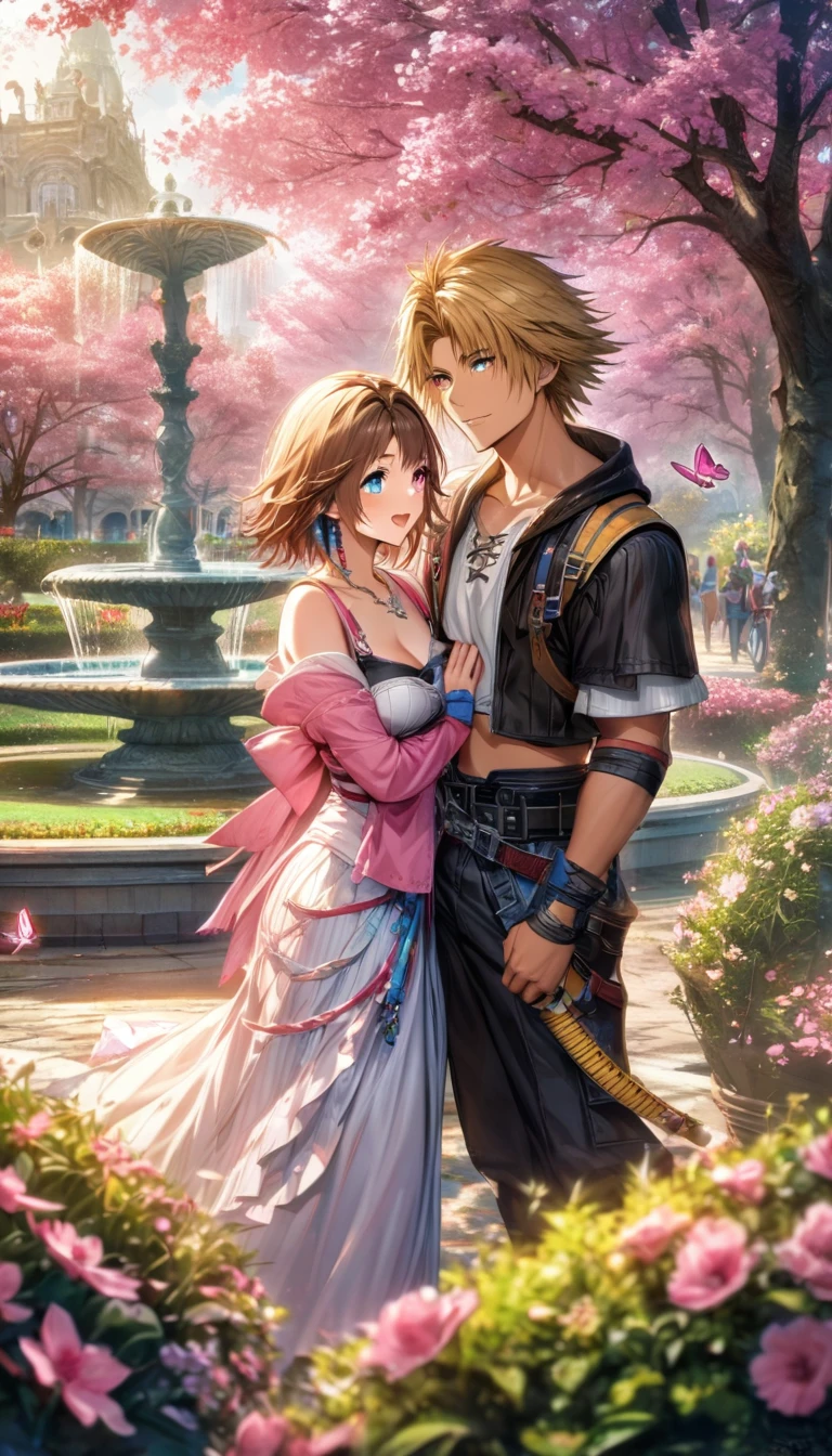 absurdres, highres, ultra detailed, HDR, master piece, ultra detailed picture, extremely detailed face and eyes, Tidus, blond hair, expressive blue eyes, Final Fantasy X, Yuna, brown hair, heterochromia, left eye blue, right eye green, a handsome man together with a beautiful woman, couple, pink flowers, park, fountain, pink trees, pink butterflies