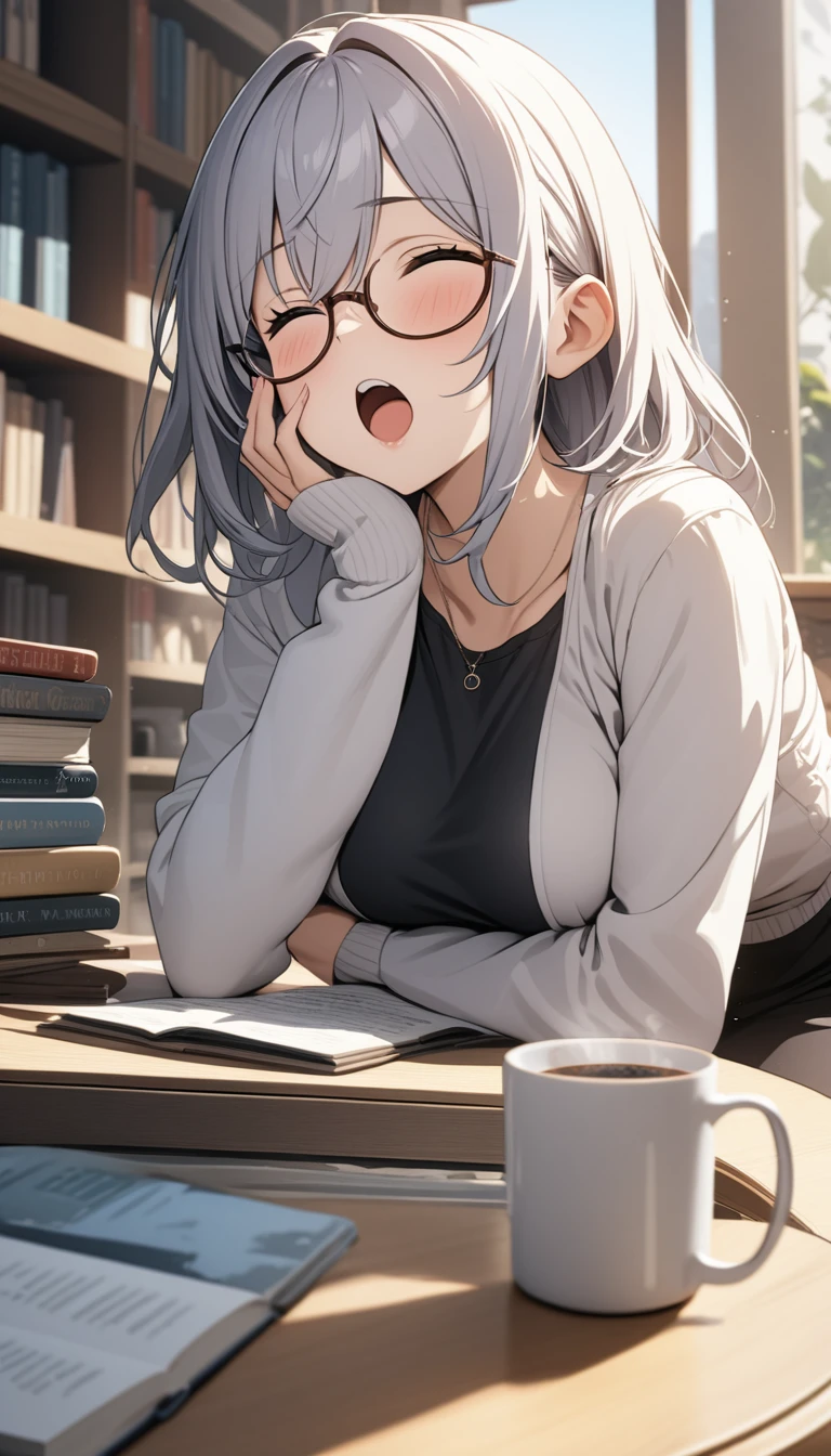 Anime girl, busty, peace sign, happy , wearing eyeglasses, yawning, bedroom background, books on the shelves, coffee on table, afternoon, ultra Hd, masterpiece,ultra detail