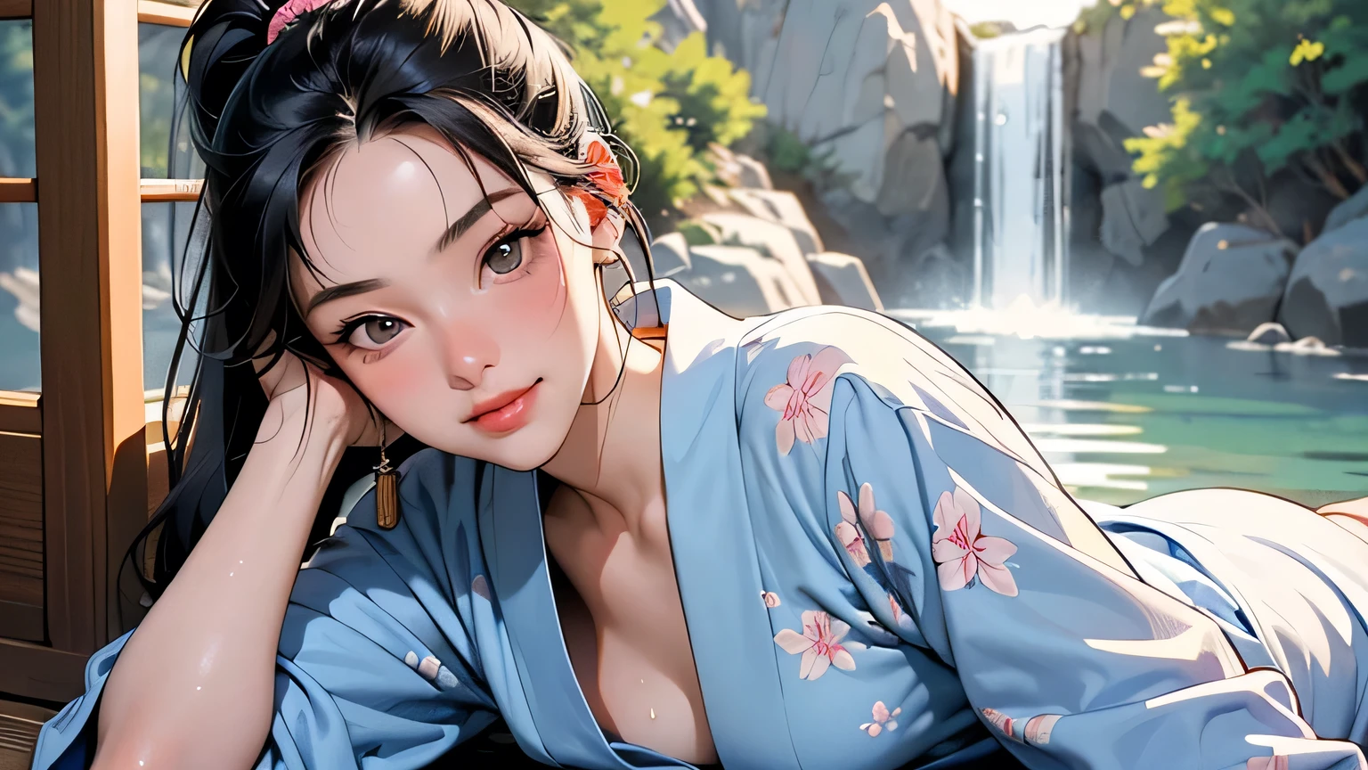 8k, highest quality, ultra high resolution, 1 female, 1980s pop culture anime style, 21 years old, (masterpiece, high resolution, detailed), Japanese, sweating, short cut, ponytail, big breasts (photorealistic) :1.4), (Famous Japanese actress:1.2), very beautiful, cute, professional photo, very delicate and beautiful, very detailed, very detailed beautiful girl, very detailed face, very detailed eyes, very detailed skin, very detailed fingers, very detailed nose, very detailed mouth, perfect anatomy, realistic body, fair skin, shiny skin, slender body, good figure, looking at viewer, smile, cute laugh Face (Black hair, (Ponytail, Beautiful girl, Perfect small face, D cup, Thin, Top quality, Ultra high resolution, Detailed background, Masterpiece, Anatomically correct, Detailed face, Beautiful face in every detail, Cute 20 Beautiful girl in her s, black hair, highest quality, 4K quality, hot spring, sitting woman, woman in yukata, woman's ponytail, woman is 21 years old Steam, sweat,