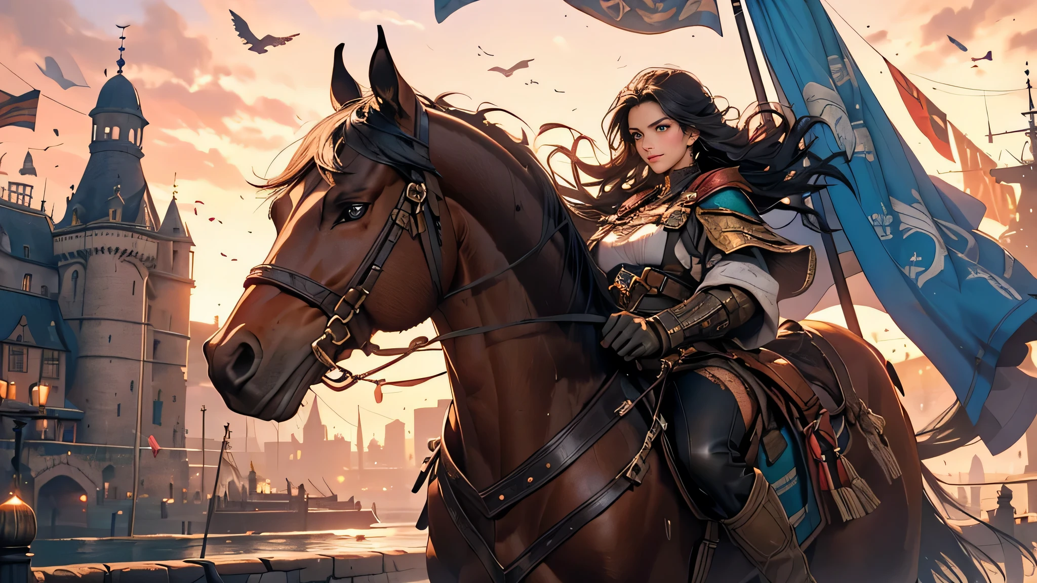 a girl with (long, braided,black) hair,wearing (an adventurous, black) garment,riding a horse towards a port city,port with many ships which is the girl's destination.the girl has (beautiful detailed eyes,beautiful detailed lips,extremely detailed eyes and face,longeyelashes).the horse is (majestic,strong,energetic), with (sleek shiny coat,strong muscles).The city is (medieval, ancient, bustling), with (stone walls, cobblestone streets, tall turrets).There are (colorful flags, flying banners) hanging from the buildings, creating a festive atmosphere.The port is filled with (giant, majestic, maritime) ships, docked by the harbor, with tall masts and billowing sails.The sky is (vibrant, colorful), with (soft, warm) hues of orange and pink, as the sun begins to set.The girl's black hair (gently sways, dances) in the wind as she rides, radiating her (spirit of adventure, determination).She carries a (weathered, leather) map in her hand, guiding her towards her destination. The landscape is (lush, green), with (rolling hills, dense forests) in the distance.It is a (magical, enchanting) scene, filled with a sense of wonder and possibility.The overall quality of the image is (best quality,4k,8k,highres,masterpiece:1.2),ultra-detailed,(realistic,photorealistic,photo-realistic:1.37), with (HDR,UHD,studio lighting,ultra-fine painting) techniques.