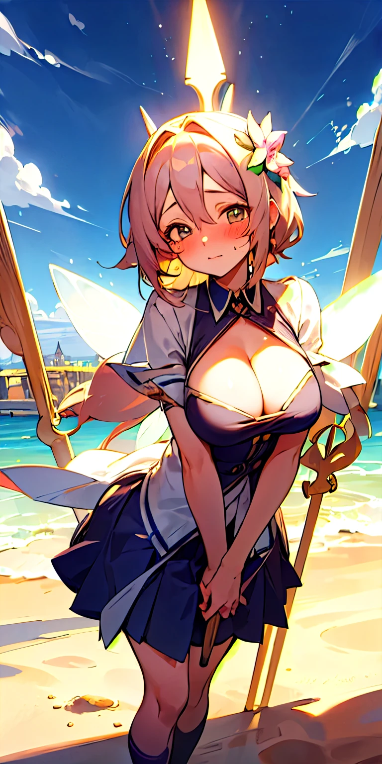 Anime school girl,showcasing large breasts and cleavage. She is standing solo in a cafe background, with a hint of blushing on her cheeks and a confident pose.Flower Fairy,Large colored wing lights,Sand grains brilliance,magic wand in hand, Body,sky sky,flight
