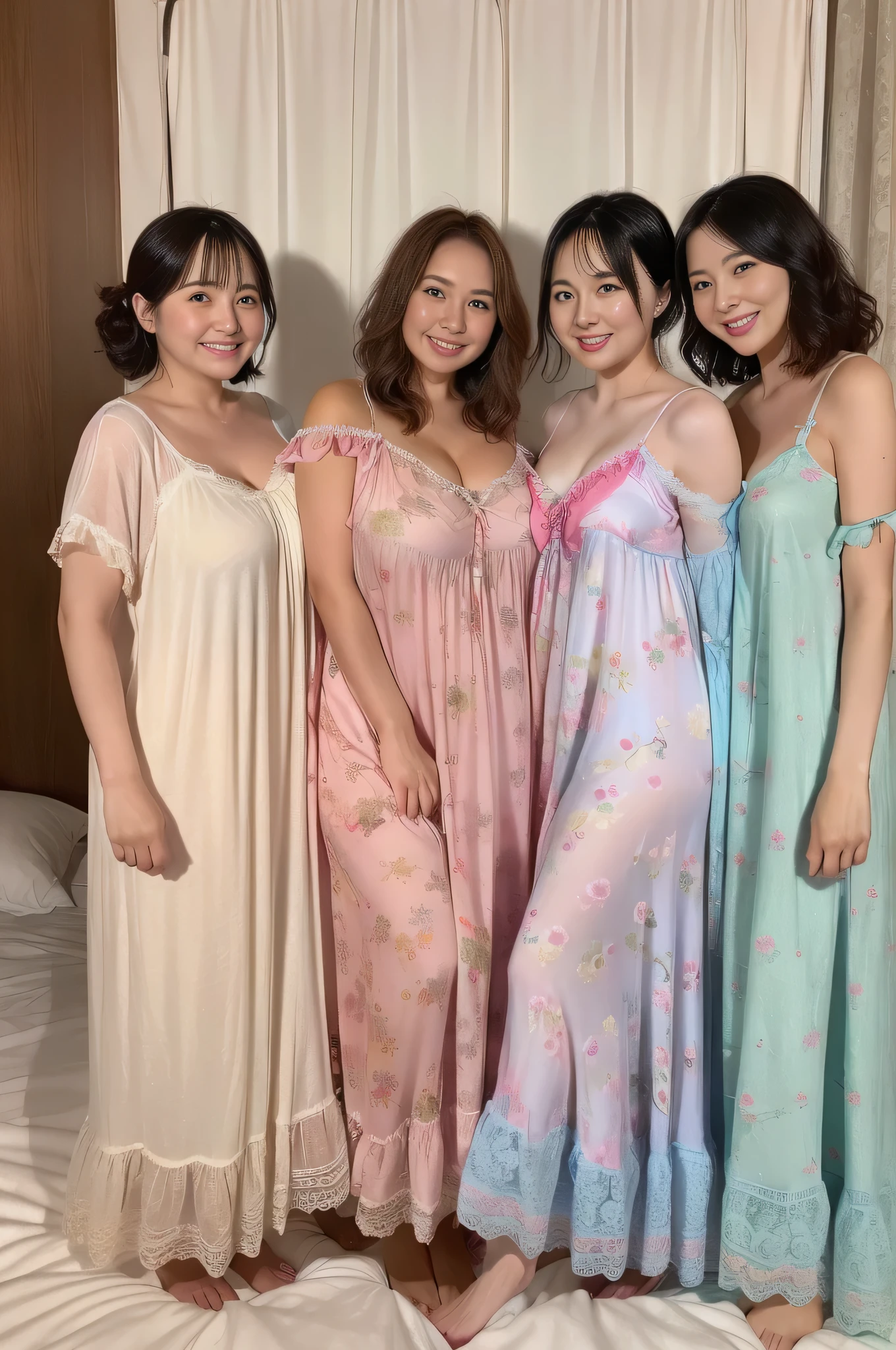 Mature attractive woman、Three Beauties、Chubby、Big Breasts、((Colorful nightgown、See-through nightgown、Her underwear is visible))、masterpiece、highest quality