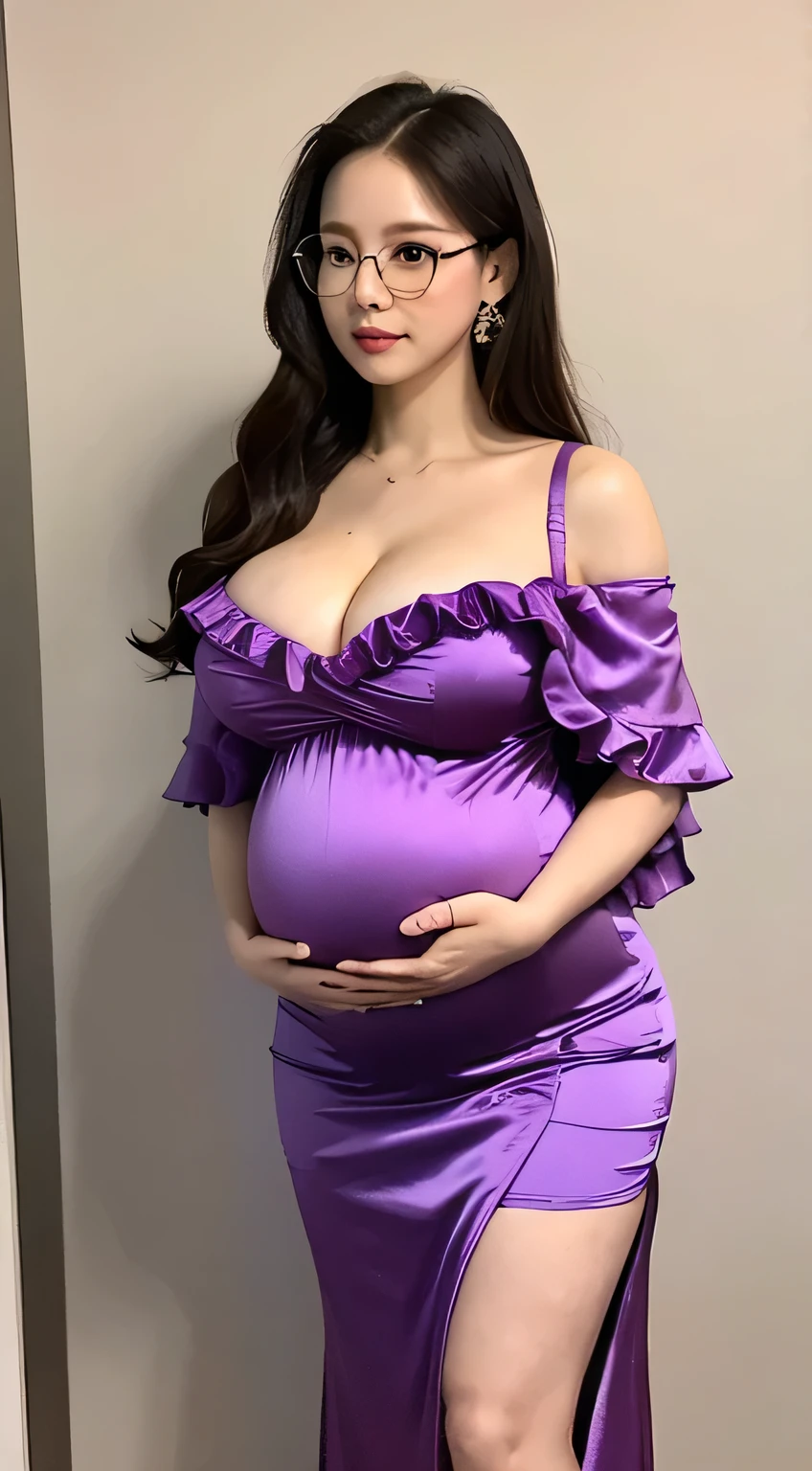 Boa_hancock, huge_breasts , best quality, ruffles_satin_dress , light_purple_satin_dress , big_ass , pregnant , wearing glasses , big pregnant , off the shoulder dress , revealing cleavage