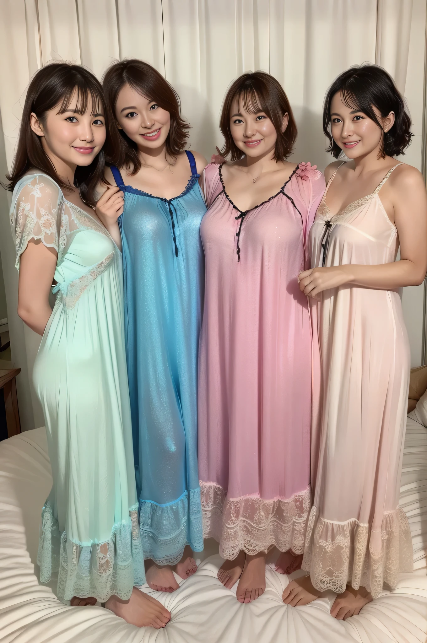 Mature attractive woman、Three Beauties、Chubby、Big Breasts、((Colorful nightgown、See-through nightgown、Her underwear is visible))、masterpiece、highest quality