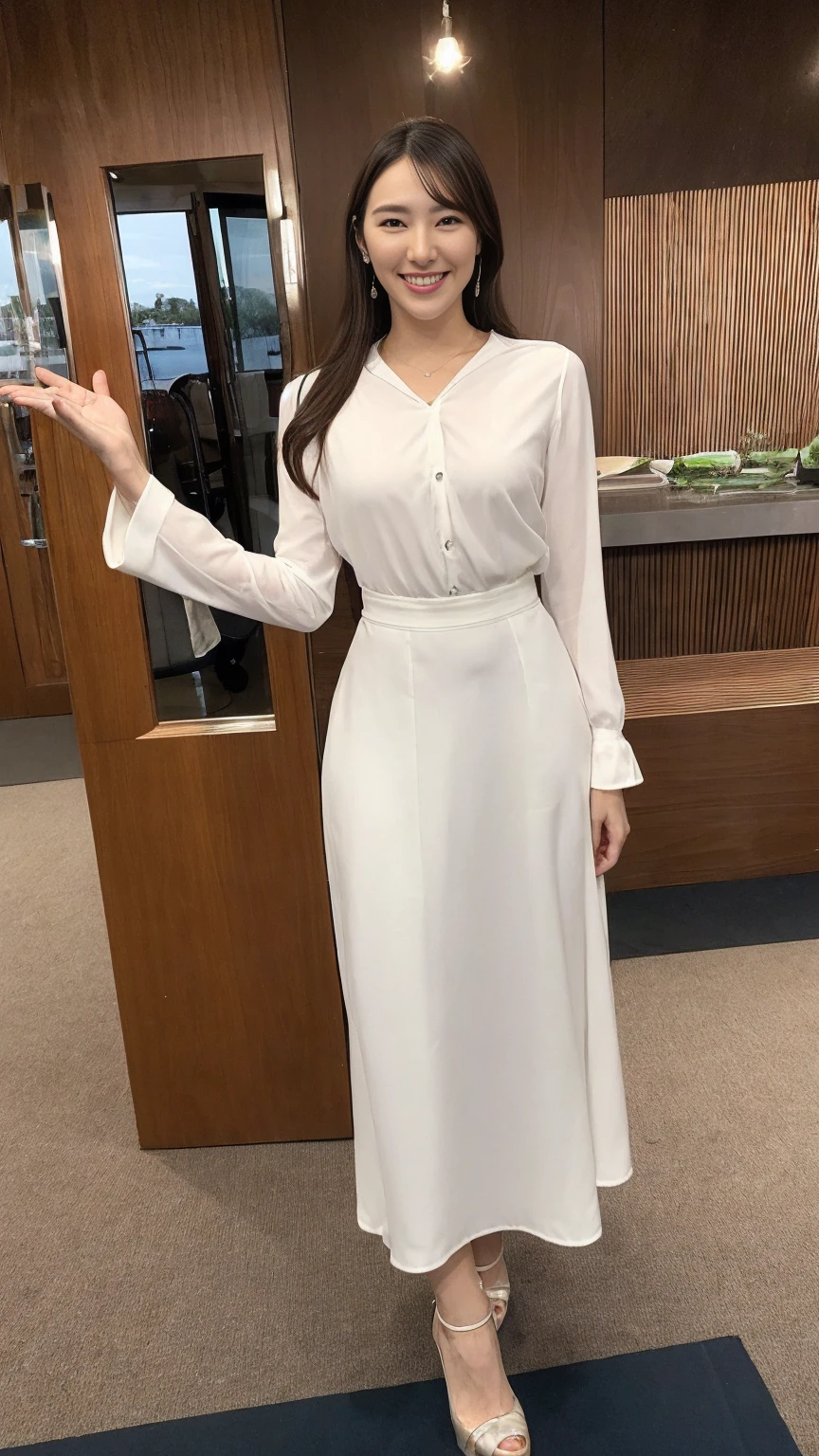 ((Best quality, 8k, Masterpiece :1.3)), (Japanese pretty announcer with perfect body), (small breasts), black long hair, wavy hair, smile, shirt, perfect teeth, perfect face, short skirt, TV studio, weather news, very large display showing city landscape, Highly detailed face and skin texture, perfect hand, perfect fingers, thighs thighs thighs thighs, slender legs, perfect legs, professional, full body, high heels, hottify, prettify