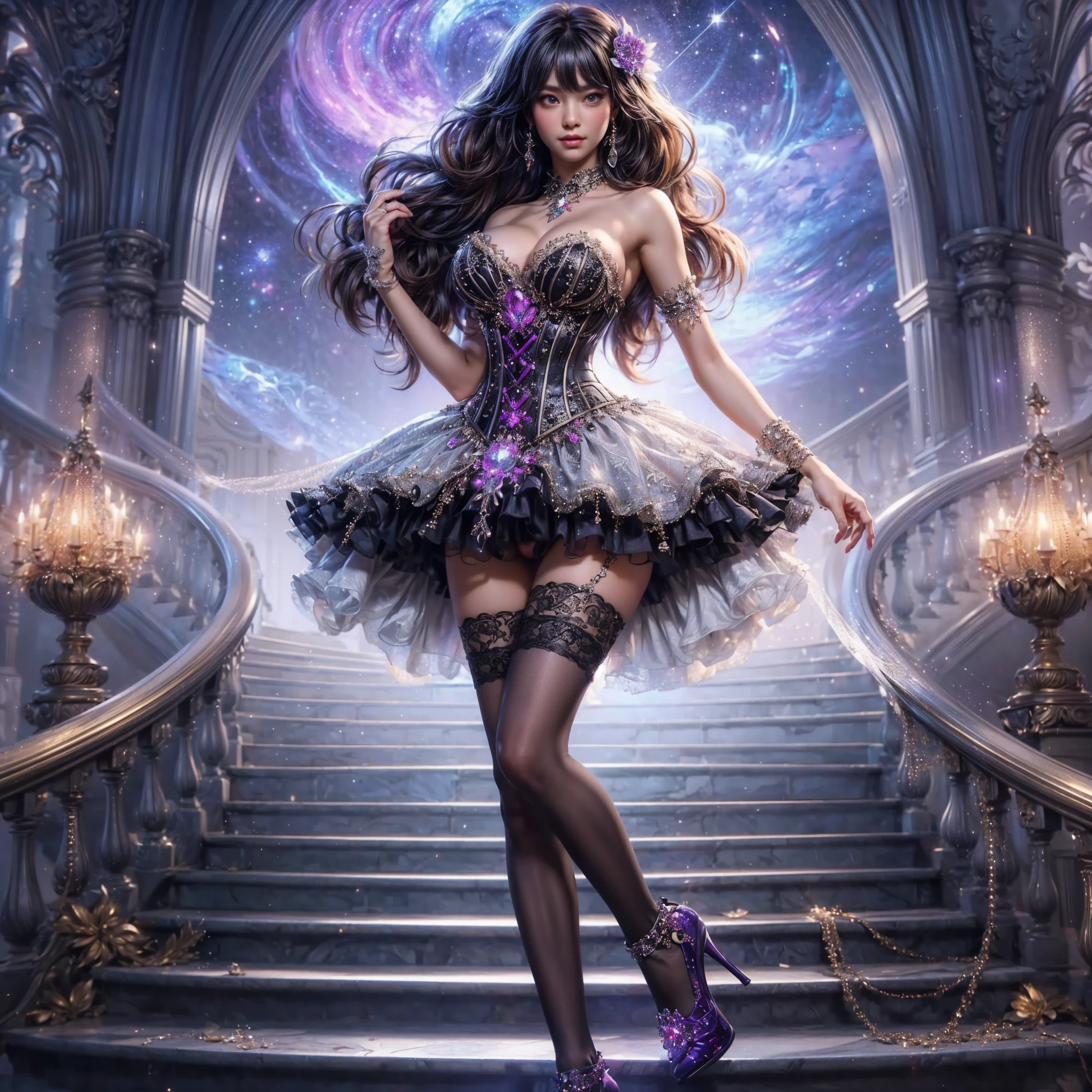 An asian woman with loose hair, standing on the stairs in the middle of a magical atmosphere, with a predominantly blue and red costume, a strapless corset-style dress decorated with bright purple jewels, a short tutu skirt, black thigh-high stockings with lace tops and ornaments purple jewels, white high heels with gold decoration, grand staircase background under mysterious sky full of stars and celestial bodies, crystal detailed, hyper realistic, hyperdetailTransparent clothing, Detailed gemstones, masterpiece, best quality:1.2),,(8k,highres,RAW photo,realistic,photo-realistic:1.3),(detailed skin texture,detailed cloth texture, beautiful detailed face:1.25),professional lighting,photon mapping,beautiful soft light,radiosity,physically-based rendering,raytracing, model shoot style, model shoot style, (extremely detailed CG unity 8k wallpaper), full shot body photo of the most beautiful artwork in the world (), (), (), () ( ) 
