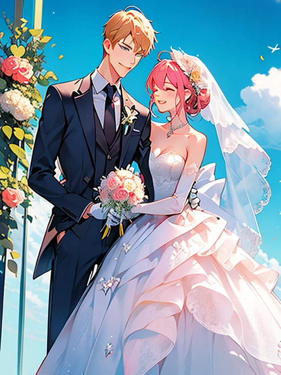 masterpiece, 1girl, 1boy, dress, two people, wedding dress, necktie, couple, smile, strapless dress, closed eyes, pants, strapless, veil, flower, long hair, holding, jewelry, gloves, shirt, necklace, bouquet, white pants, holding bouquet, white dress, blue eyes, white shirt, open jacket, holding hands, elbow gloves, white gloves, white jacket, pink necktie, bridal veil, white background, wedding, husband and wife, long sleeves, long dress, pink flower, short hair, standing, novel cover