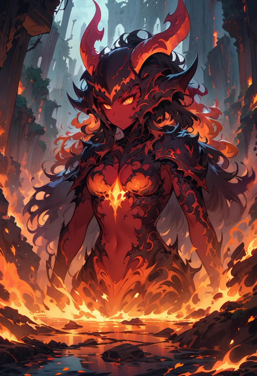 female Lava Demon,dark fantasy setting,glowing red eyes,fiery hair,sharp horns,scaly skin,ominous atmosphere,smoke and fire swirling around,casting shadows, intense heat,crumbling ruins,molten lava rivers,gloomy lighting,red and orange color palette,steaming hotness,consuming darkness,otherworldly power