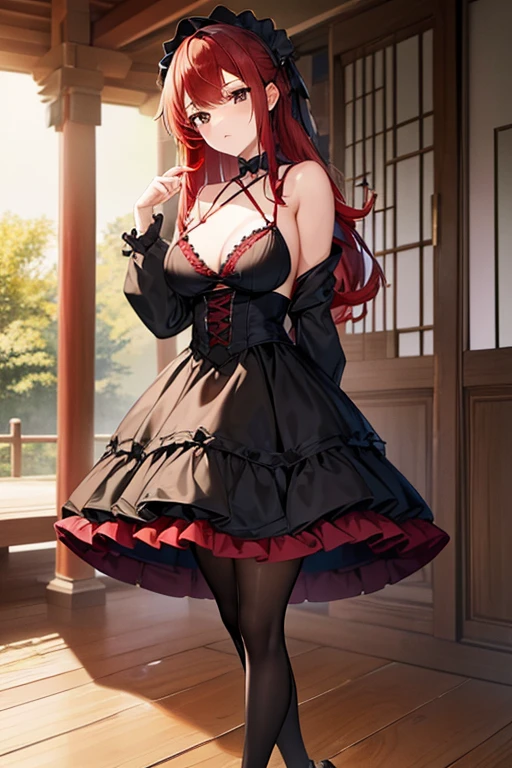 (masterpiece:1.5, highest quality), Beautiful illustrations, whole body, 1 girl, Japanese, high school girl, (短いRed Hair:1.5), Hair fluttering, Large Breasts:1.0, Beautiful Hair, Beautiful Face, Beautiful fine black eyes, Beautiful clavicle, Beautiful body, Beautiful breasts, Beautiful thighs, Beautiful feet, Beautiful fingers, (Beautiful views), outside, ((Black Gothic ta)), Red Hair,Cleavage,No Headless