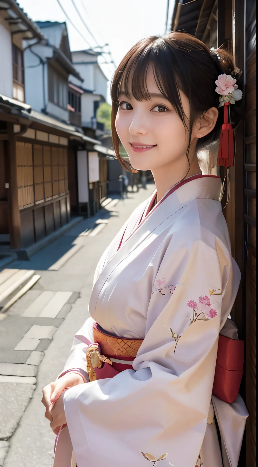Professional Lighting,(Photorealistic:1.4), (Top image quality:1.0), (超A high resolution:1.0), 8k, Raw photography, (masterpiece:0.2), (Facing the children_v1:0.5)、(最高quality Detail:1.2)、Realistic、8K Ultra HD、High resolution、(1 girl:1.2)、超detailedな、High quality textures、複雑なdetailed、detailed、Very detailed CG、High quality shadows、detailed 美しく繊細な顔、Beautiful details and a delicate eye、(Symmetrical eyes:1.2),Written boundary depth、Ray Tracing,1 girl, Japanese Girls, (Natural smile:1.4),cute, thin, Portrait of a beautiful Japanese woman in a kimono, Standing elegantly on a street corner in Kyoto. Kimono with vibrant traditional patterns, Hair decorated with elegant and delicate hairpins, Gentle expression. (With the old streets of Kyoto in the background:1.4)、The soft light of a spring afternoon、Adding tranquility to the scene. Rendered in a Realistic style with great attention to detail, High resolutionの画像.Sky Porn, Magic Hour, (Realistic:1.3), finely, quality, (Tabletop:1.2), (Realistic:1.2), (最高quality), (複雑なdetailed), dramatic, Ray Tracing, photograph, +roller