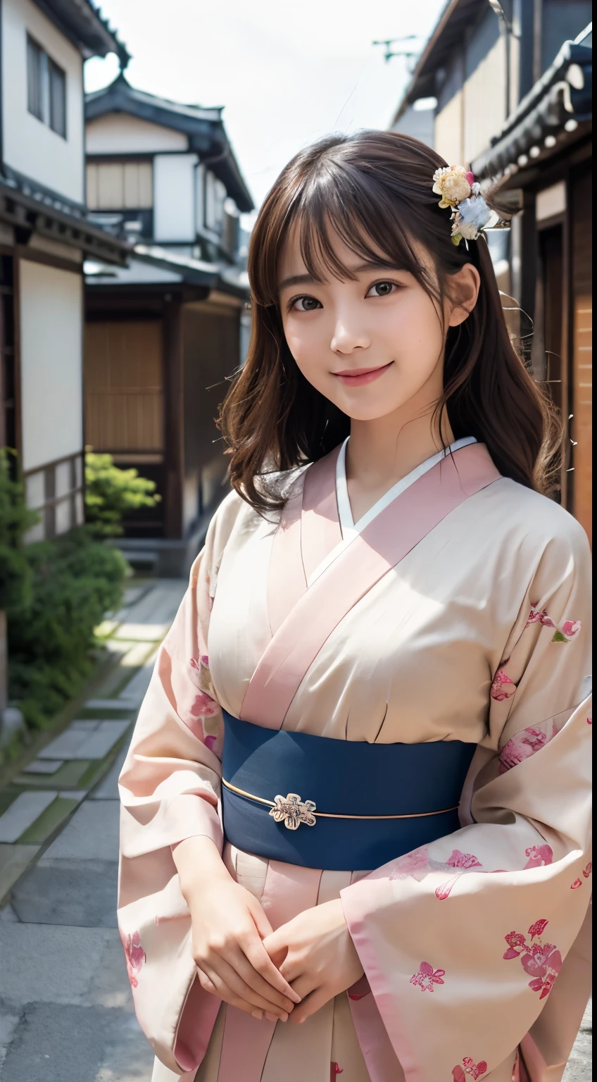 Professional Lighting,(Photorealistic:1.4), (Top image quality:1.0), (超A high resolution:1.0), 8k, Raw photography, (masterpiece:0.2), (Facing the children_v1:0.5)、(最高quality Detail:1.2)、Realistic、8K Ultra HD、High resolution、(1 girl:1.2)、超detailedな、High quality textures、複雑なdetailed、detailed、Very detailed CG、High quality shadows、detailed 美しく繊細な顔、Beautiful details and a delicate eye、(Symmetrical eyes:1.2),Written boundary depth、Ray Tracing,1 girl, Japanese Girls, (Natural smile:1.4),cute, thin, Portrait of a beautiful Japanese woman in a kimono, Standing elegantly on a street corner in Kyoto. Kimono with vibrant traditional patterns, Hair decorated with elegant and delicate hairpins, Gentle expression. (With the old streets of Kyoto in the background:1.4)、The soft light of a spring afternoon、Adding tranquility to the scene. Rendered in a Realistic style with great attention to detail, High resolutionの画像.Sky Porn, Magic Hour, (Realistic:1.3), finely, quality, (Tabletop:1.2), (Realistic:1.2), (最高quality), (複雑なdetailed), dramatic, Ray Tracing, photograph, +roller