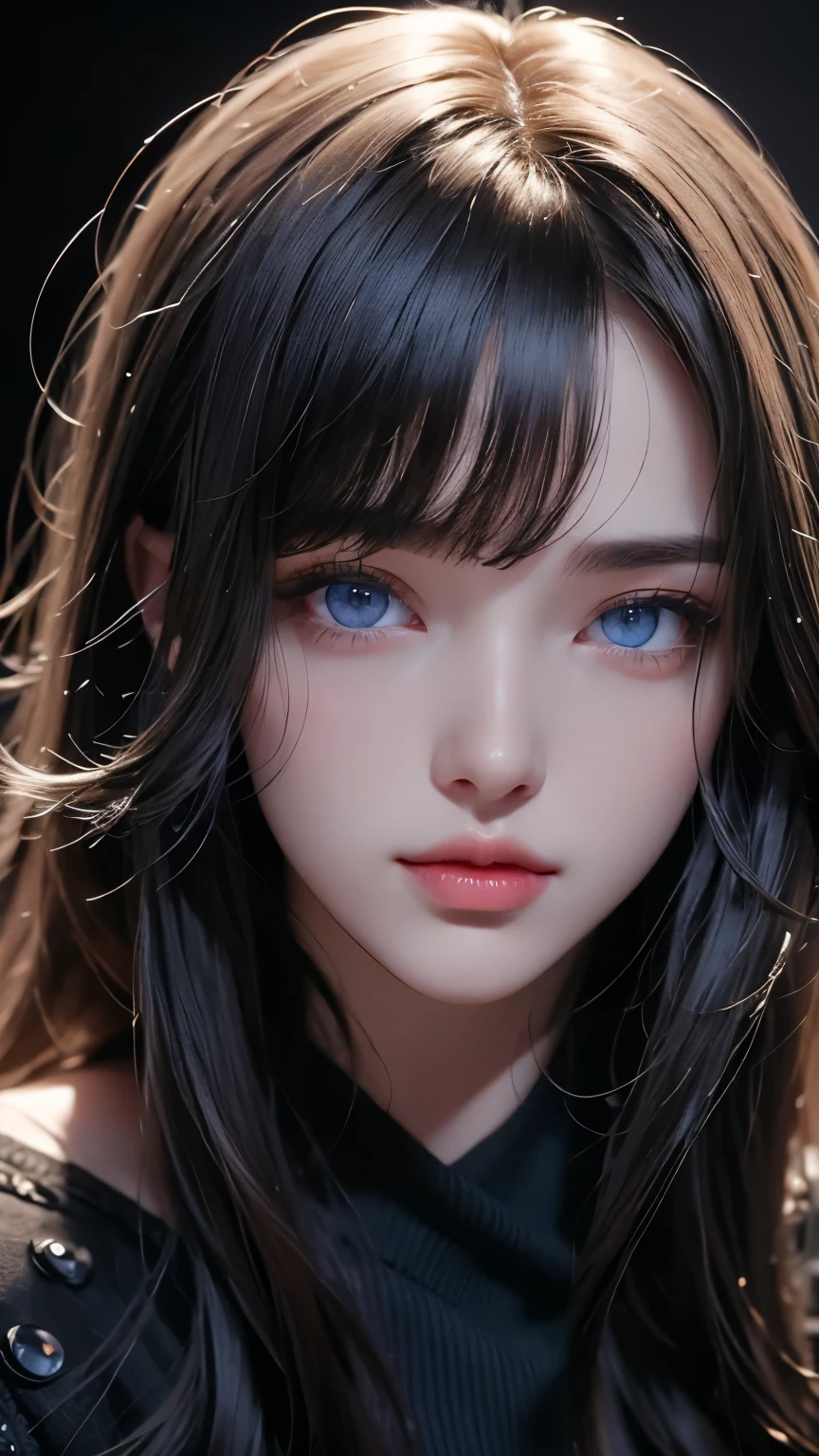 masterpiece, best quality, ultra-detailed, facing the camera head on, intricately detailed hyperdetailed, realistic, sharp features, highly detailed, sharp focus, perfect face, perfect face, perfect symmetrically perfect eyes, perfect full lips, flexible female form, cinematic, film light, hyper detailed, hyper realistic, masterpiece, atmospheric, high resolution, vibrant, dynamic studio lighting, ((Dark background)), Facial expressions when receiving pleasure, straight Bangs, blue Eyes,black sweater, cowboy shot, Big breasts,