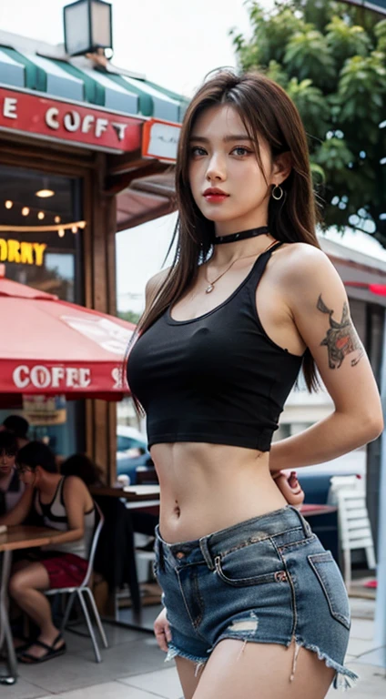 8k, Masterpiece, best quality, realistic, very detailed, 1 woman, healthy body, realistic skin texture, big breasts, staring at the audience, Crop shirt, Short t-shirt, tank top, underboobs, (Torn shirt), under , micro mini skirt, Sexy Pants, His shorts were torn., Reveal the skin., (Wear torn clothes.),(Torn clothes),movie light, Face focus, good eyes, detailed face, The face was bright...., During the day, choker:1.4、necklace:1.4、earring:1.4、outdoor motel coffee shop in the background, Low angle shot, View from below,Beautiful tattoos,small belly cake,
