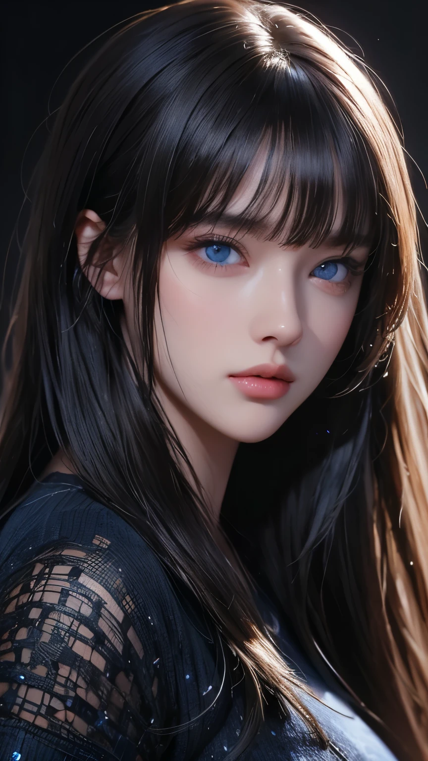 masterpiece, best quality, ultra-detailed, facing the camera head on, intricately detailed hyperdetailed, realistic, sharp features, highly detailed, sharp focus, perfect face, perfect face, perfect symmetrically perfect eyes, perfect full lips, flexible female form, cinematic, film light, hyper detailed, hyper realistic, masterpiece, atmospheric, high resolution, vibrant, dynamic studio lighting, ((Dark background)), Facial expressions when receiving pleasure, straight Bangs, blue Eyes,black sweater, cowboy shot,