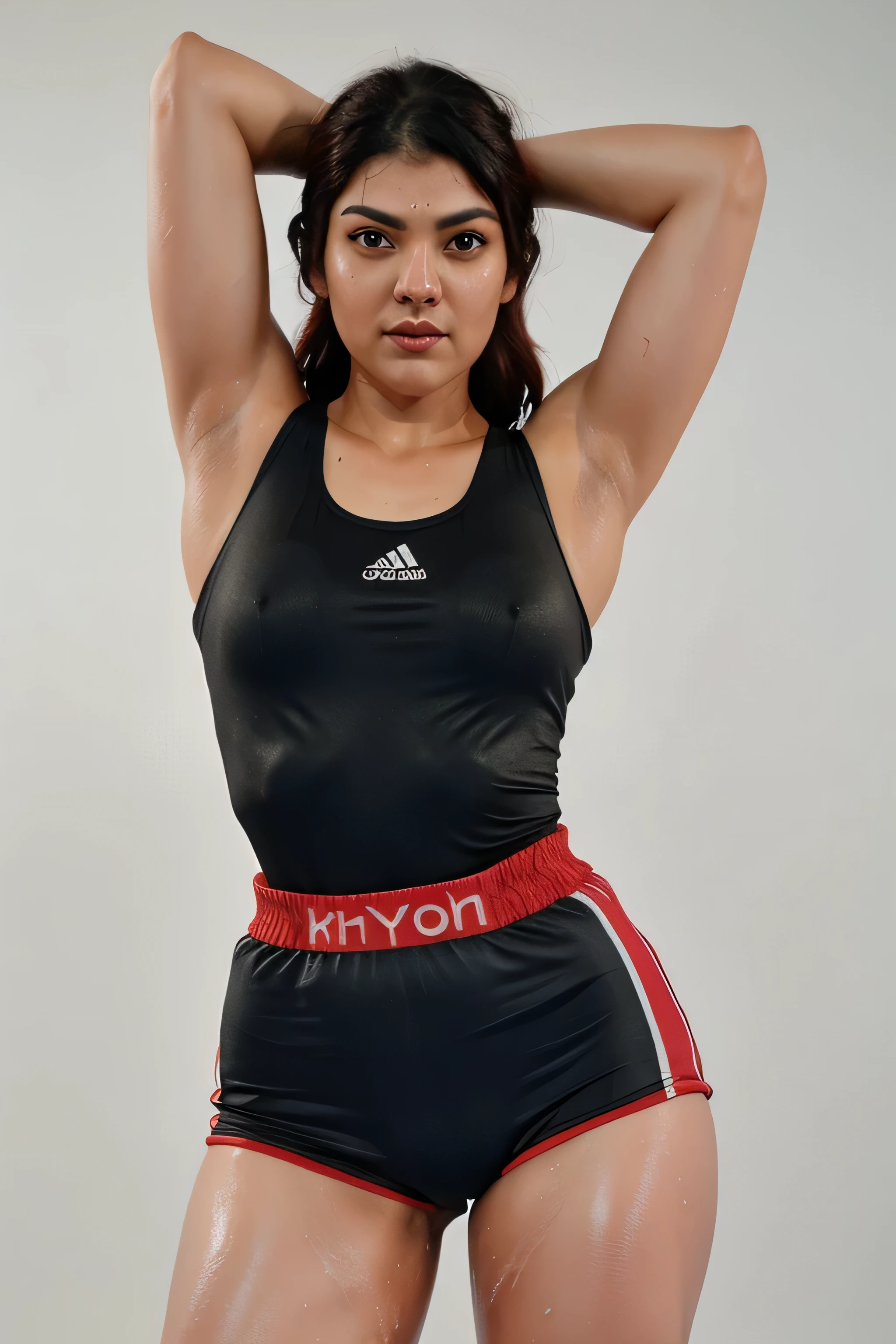 Looks like Kajal Aggarwal,31 year old woman,slightly chubby ,studio quality ,arms up,armpits, armpits,sweat,sweaty,sweaty armpits,awesome armpits,sweating ,sleeveless,exhausted,tired,boxing gloves,red blouse, red outfit,wearing boxing gloves on both hands,arms raised,very tired,sweating,arms raised,both arms raised,sweaty,red arm warmers,red arm bands