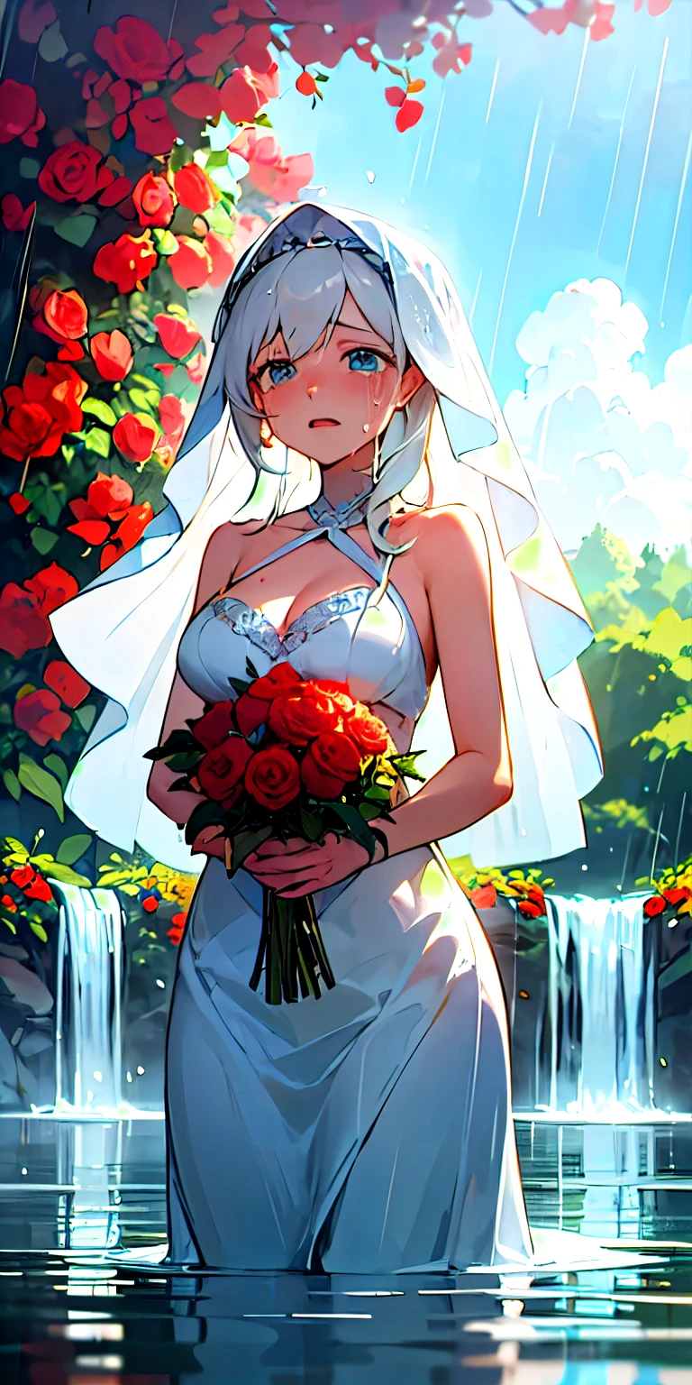 showcasing large breasts and cleavage. masterpiece,best quality,1girl,bare shoulders,white hair,veil,blue eyes,very long hair,(crying),bouquet,(cloudy),dress,flower,holding,holding bouquet,lake,looking looking at audience, nature, outdoors, red flower, rose, solo, standing, tree, water, water droplets, waterfall, moist sky, cloudy sky, architecture, (raining)