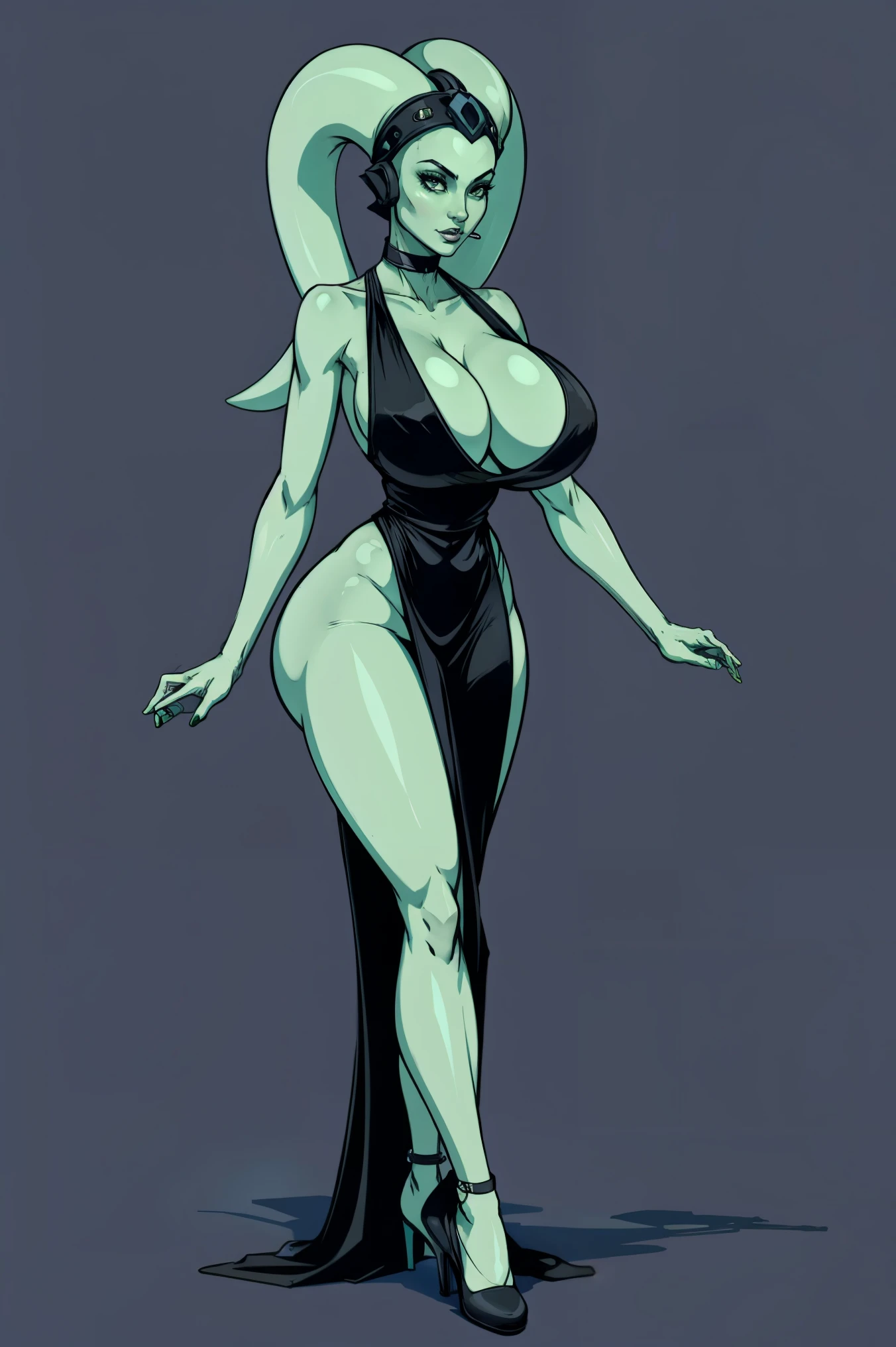 Tall, (thin), Green Skin Twi'lek with (gigantic breasts) wearing a black dress, choker, gigantic breasts, cleavage, tall, graceful, (tall), slim hips, small waist, full-body shot