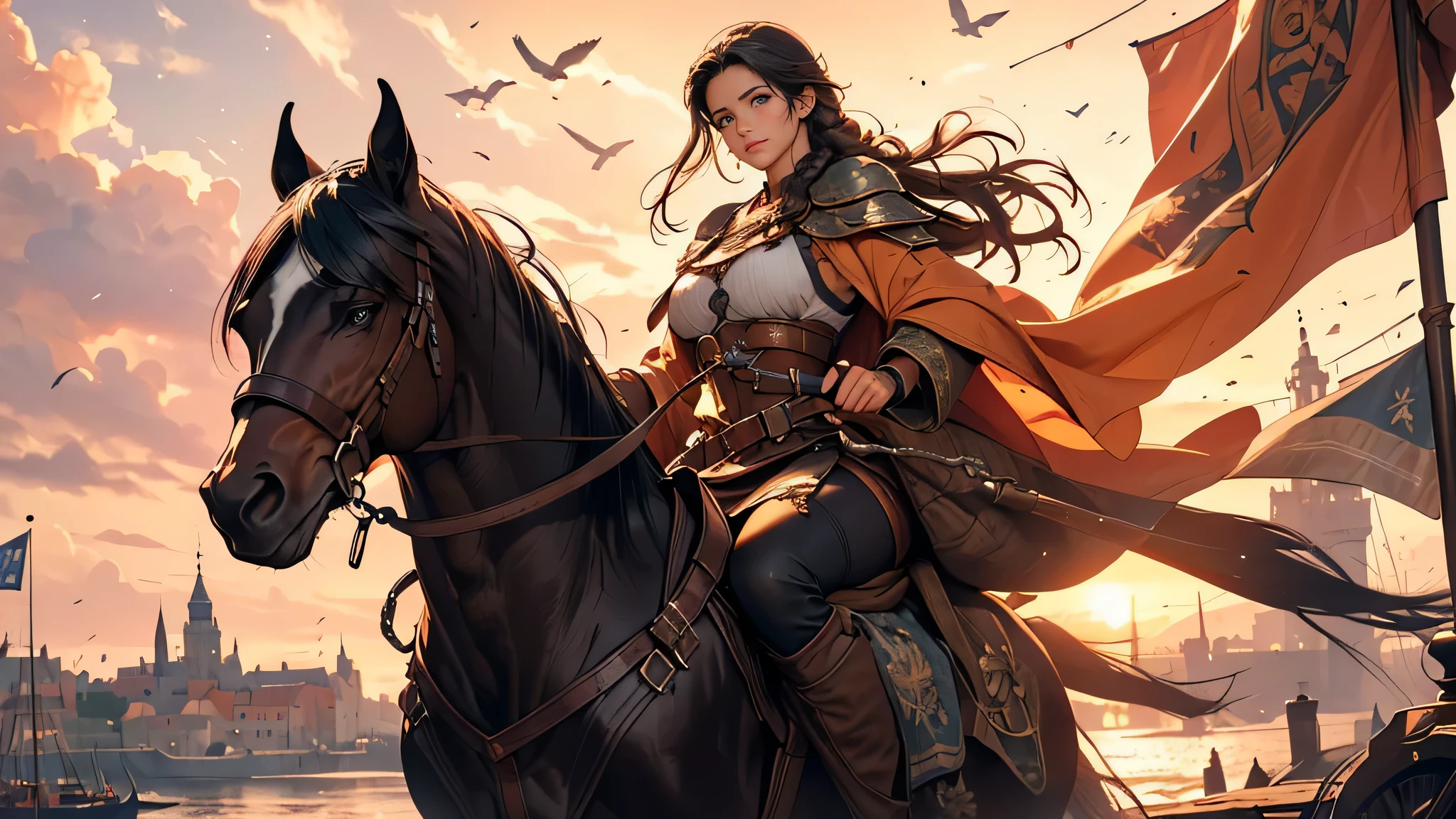 a girl with (long, braided,black) hair,wearing (an adventurous, black) garment,riding a horse towards a port city,port with many ships which is the girl's destination.the girl has (beautiful detailed eyes,beautiful detailed lips,extremely detailed eyes and face,longeyelashes).the horse is (majestic,strong,energetic), with (sleek shiny coat,strong muscles).The city is (medieval, ancient, bustling), with (stone walls, cobblestone streets, tall turrets).There are (colorful flags, flying banners) hanging from the buildings, creating a festive atmosphere.The port is filled with (giant, majestic, maritime) ships, docked by the harbor, with tall masts and billowing sails.The sky is (vibrant, colorful), with (soft, warm) hues of orange and pink, as the sun begins to set.The girl's black hair (gently sways, dances) in the wind as she rides, radiating her (spirit of adventure, determination).She carries a (weathered, leather) map in her hand, guiding her towards her destination. The landscape is (lush, green), with (rolling hills, dense forests) in the distance.It is a (magical, enchanting) scene, filled with a sense of wonder and possibility.The overall quality of the image is (best quality,4k,8k,highres,masterpiece:1.2),ultra-detailed,(realistic,photorealistic,photo-realistic:1.37), with (HDR,UHD,studio lighting,ultra-fine painting) techniques.