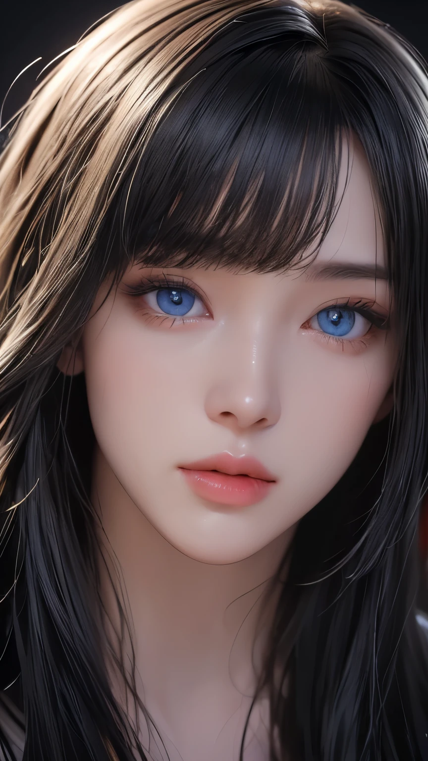 masterpiece, best quality, ultra-detailed, facing the camera head on, intricately detailed hyperdetailed, realistic, sharp features, highly detailed, sharp focus, perfect face, perfect face, perfect symmetrically perfect eyes, perfect full lips, flexible female form, cinematic, film light, hyper detailed, hyper realistic, masterpiece, atmospheric, high resolution, vibrant, dynamic studio lighting, ((Dark background)), Facial expressions when receiving pleasure, straight Bangs, blue Eyes,black sweater, cowboy shot,