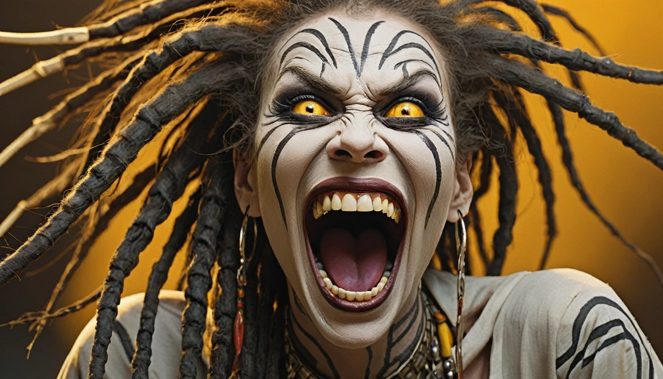 White Female Legba, maniacal laughter, yellow eyes wide open crazed look. Beautiful face.