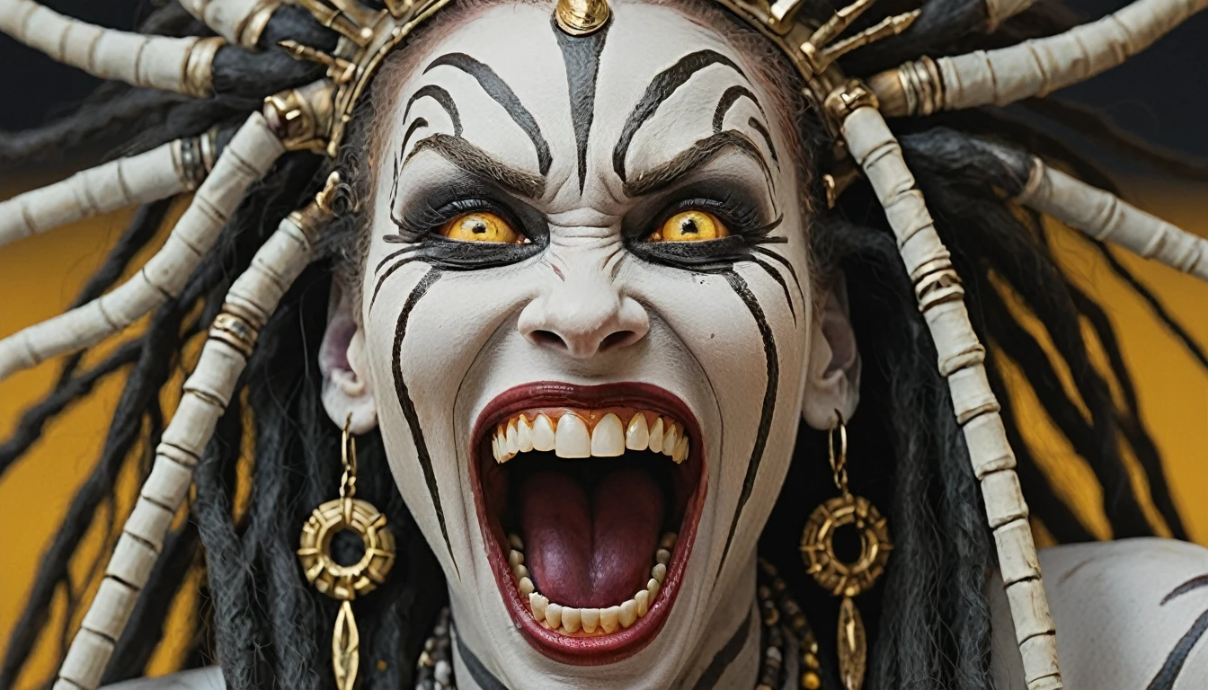 White Female Legba, maniacal laughter, yellow eyes wide open crazed look. Beautiful face.