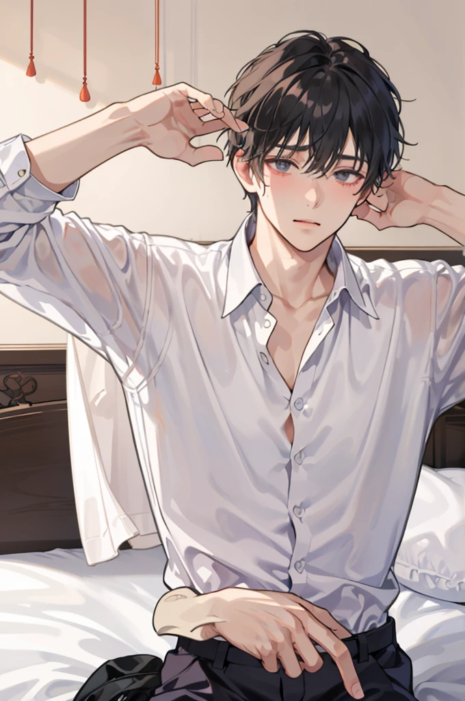 1 boy,((Solitary)),aldult,Shy,Tired look,open-chested white shirt,tie,Dark circles,Pants,best quality,Facial details,bedroom,