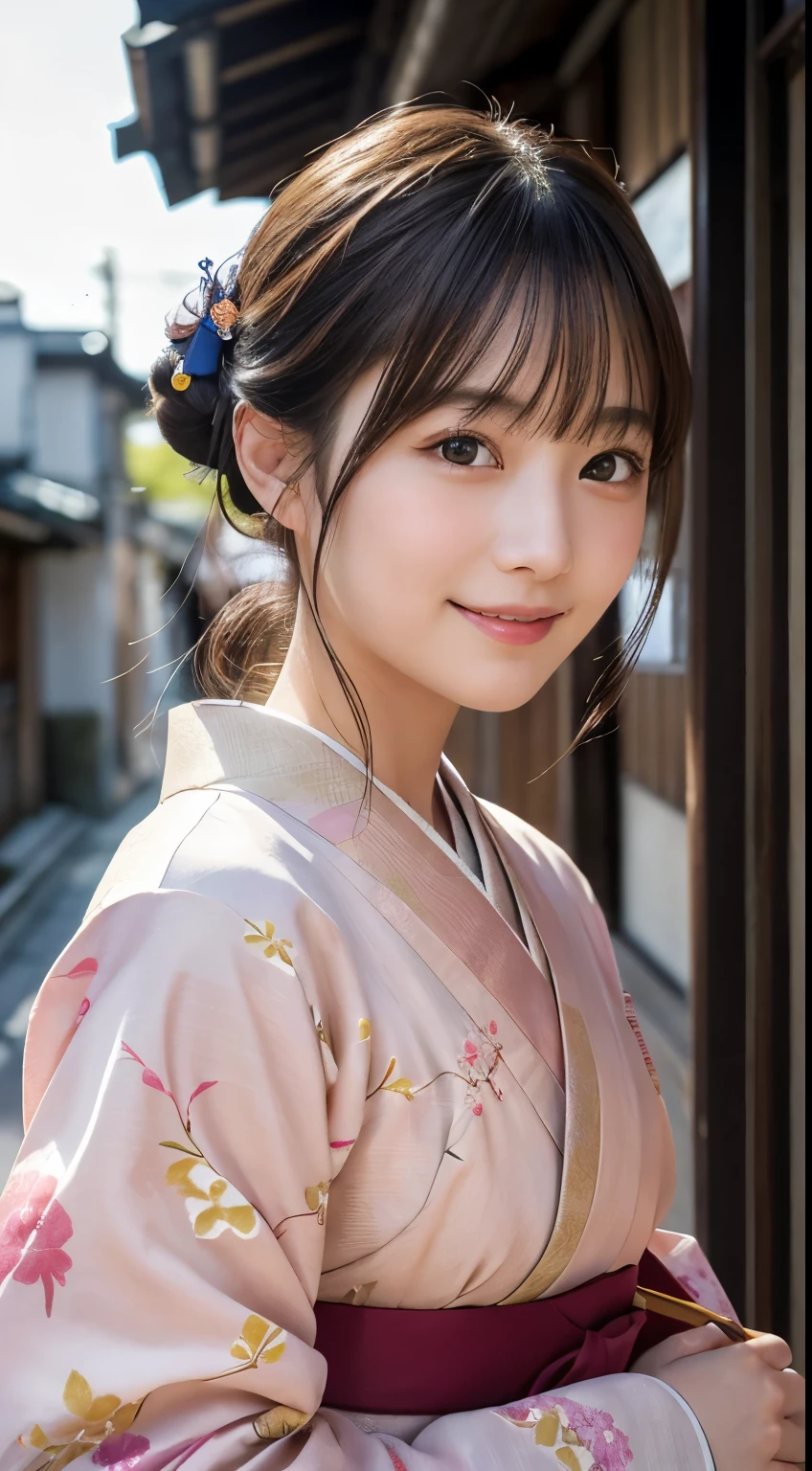Professional Lighting,(Photorealistic:1.4), (Top image quality:1.0), (超A high resolution:1.0), 8k, Raw photography, (masterpiece:0.2), (Facing the children_v1:0.5)、(最高quality Detail:1.2)、Realistic、8K Ultra HD、High resolution、(1 girl:1.2)、超detailedな、High quality textures、複雑なdetailed、detailed、Very detailed CG、High quality shadows、detailed 美しく繊細な顔、Beautiful details and a delicate eye、(Symmetrical eyes:1.2),Written boundary depth、Ray Tracing,1 girl, Japanese Girls, (Natural smile:1.4),cute, thin, Portrait of a beautiful Japanese woman in a kimono, Standing elegantly on a street corner in Kyoto. Kimono with vibrant traditional patterns, Hair decorated with elegant and delicate hairpins, Gentle expression. (With the old streets of Kyoto in the background:1.4)、The soft light of a spring afternoon、Adding tranquility to the scene. Rendered in a Realistic style with great attention to detail, High resolutionの画像.Sky Porn, Magic Hour, (Realistic:1.3), finely, quality, (Tabletop:1.2), (Realistic:1.2), (最高quality), (複雑なdetailed), dramatic, Ray Tracing, photograph, +roller