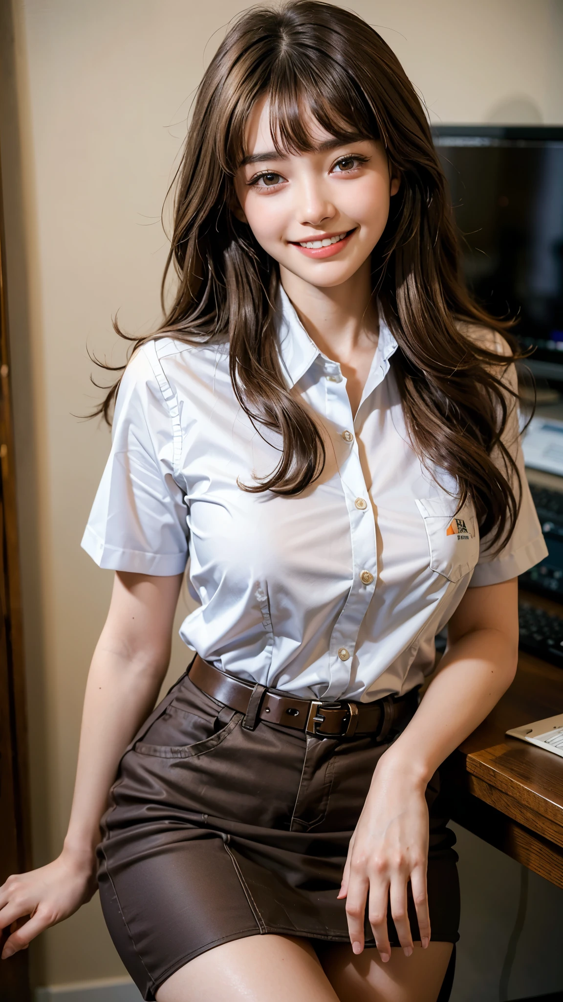 highest quality, masterpiece, Ultra-high resolution, (Realistic:1.4), (Close-up portrait) RAW Photos, 1 girl,22 years old,((Sexy uniform workplace)),((Wear a random uniform from your profession.)),((Brown Hair)),(((Work clothes))),((Bangs short)),Realistic,Image Media Chest)),((Smiling with teeth showing)),((Big smile))