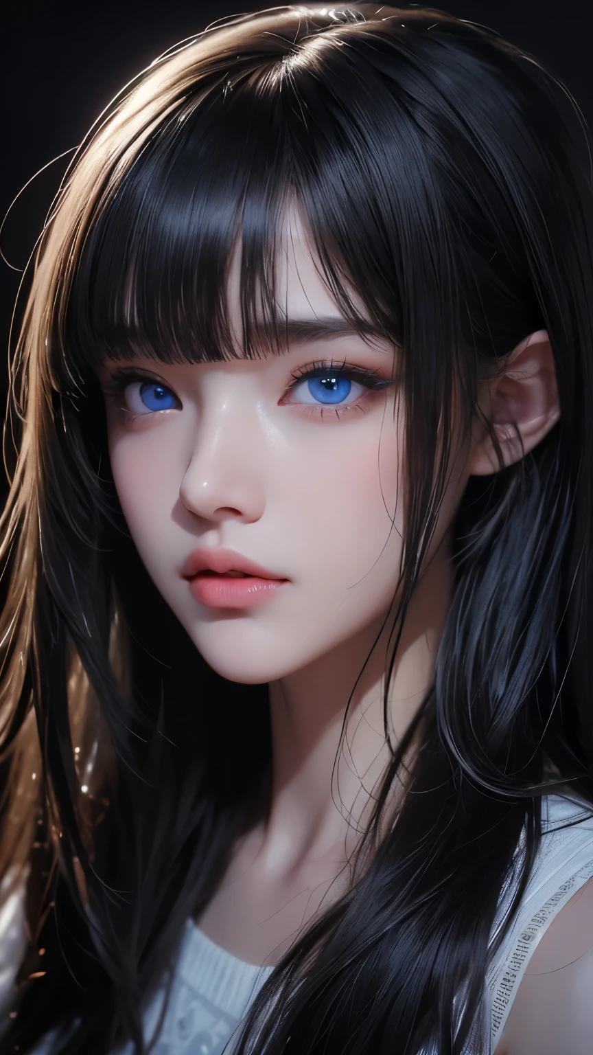 masterpiece, best quality, ultra-detailed, facing the camera head on, intricately detailed hyperdetailed, realistic, sharp features, highly detailed, sharp focus, perfect face, perfect face, perfect symmetrically perfect eyes, perfect full lips, flexible female form, cinematic, film light, hyper detailed, hyper realistic, masterpiece, atmospheric, high resolution, vibrant, dynamic studio lighting, ((Dark background)), Facial expressions when receiving pleasure, straight Bangs, blue Eyes,black sweater,
