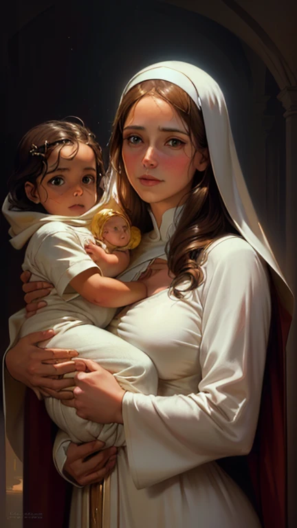 Arafed image of a woman holding the baby Jesus in her arms, by Pablo Munoz Gomez, por Marek Okon, Rob Rey, magali villeneuve', Virgin Mary, her dress is red and her cloak is cream.,the boy's dresses are white silk, artista grafica magali villeneuve, Artgerm y William Bouguereau, portrait of Virgin Mary, by Roman Bezpalkiv, pintura detallada 4k