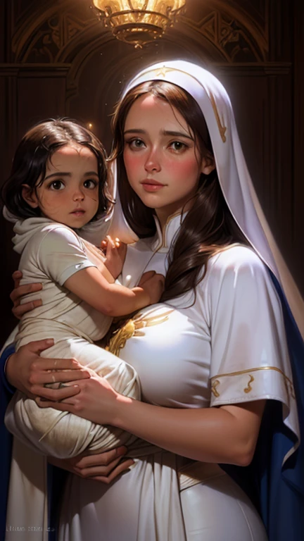Arafed image of a woman holding the baby Jesus in her arms, by Pablo Munoz Gomez, por Marek Okon, Rob Rey, magali villeneuve&#39;, Virgin Mary, her dress is red and her cloak is cream.,the boy&#39;s dresses are white silk, artista grafica magali villeneuve, Artgerm y William Bouguereau, portrait of Virgin Mary, by Roman Bezpalkiv, pintura detallada 4k