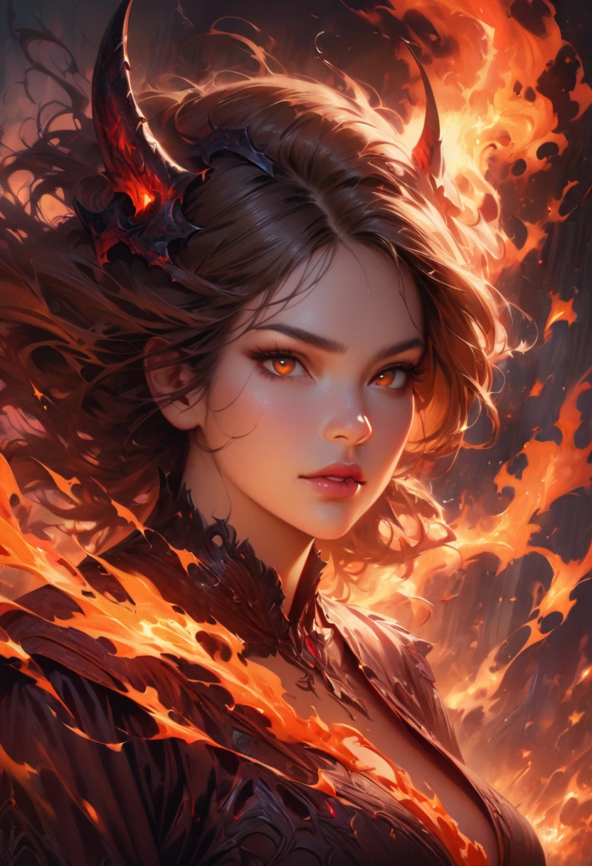 (best quality,4k,8k,highres,masterpiece:1.2),ultra-detailed,(realistic,photorealistic,photo-realistic:1.37),female Lava Demon,gorgeous detailed eyes,beautiful detailed lips,fire-like appearance,shimmering lava body,curly fiery hair,dark fantasy setting,sinister atmosphere,gloomy lighting,ominous shadows,crumbling ruins,ancient symbols,fiery cracks on the ground,smoke and embers in the air,ominous glowing eyes in the darkness,demonic horns on the head,molten lava flowing from the cracks,glowing ember sparks floating around,fiery wings unfolding from the back,mysterious smoke swirling around,red and orange color palette,ominous dark clouds in the sky,fiery glow illuminating the surroundings,demonic energy radiating from her,fierce expression on her face,dark and menacing presence,demonic power emanating from her,aura of destruction and chaos,ominous whispers echoing in the air,majestic and powerful stance,wrathful and intense gaze,fiery lava claws and sharp talons,dark magical flames enveloping her,mystical symbols glowing on her body,demonic energy surging through her veins,enchanted lava trinkets and jewelry adorning her,flaming aura creating a turbulent heatwave,blazing lava streams forming a magical barrier,roaring inferno surrounding her,devastating power waiting to be unleashed