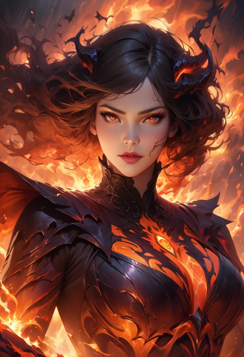 (best quality,4k,8k,highres,masterpiece:1.2),ultra-detailed,(realistic,photorealistic,photo-realistic:1.37),female Lava Demon,gorgeous detailed eyes,beautiful detailed lips,fire-like appearance,shimmering lava body,curly fiery hair,dark fantasy setting,sinister atmosphere,gloomy lighting,ominous shadows,crumbling ruins,ancient symbols,fiery cracks on the ground,smoke and embers in the air,ominous glowing eyes in the darkness,demonic horns on the head,molten lava flowing from the cracks,glowing ember sparks floating around,fiery wings unfolding from the back,mysterious smoke swirling around,red and orange color palette,ominous dark clouds in the sky,fiery glow illuminating the surroundings,demonic energy radiating from her,fierce expression on her face,dark and menacing presence,demonic power emanating from her,aura of destruction and chaos,ominous whispers echoing in the air,majestic and powerful stance,wrathful and intense gaze,fiery lava claws and sharp talons,dark magical flames enveloping her,mystical symbols glowing on her body,demonic energy surging through her veins,enchanted lava trinkets and jewelry adorning her,flaming aura creating a turbulent heatwave,blazing lava streams forming a magical barrier,roaring inferno surrounding her,devastating power waiting to be unleashed