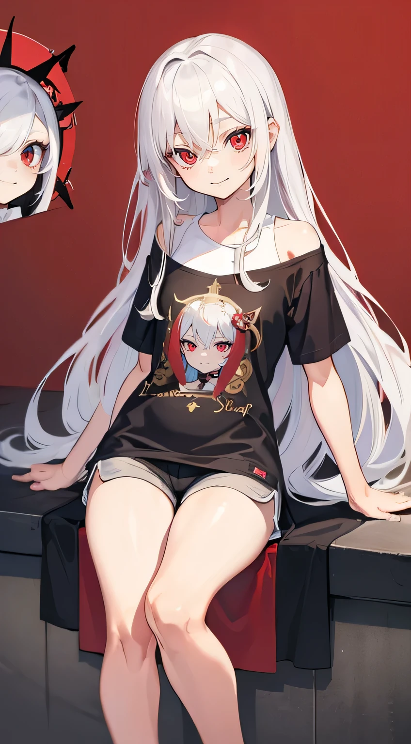 ((Masterpiece)), ((High detail)), 1girl,  ((Very detailed)),((Delicate face)),  Beautiful detailed eyes, doff Red eyes, Gradient hair,Hair between the eyes,White hair, long hair,Red eyes,com.genshin_influence,pool wallpaper, Acquaintance, Smiley face,((happy face)),((Hello)), Character design, Full body, deep Red eyes,((ridiculous)), 4 position, Shorts, Home t-shirt,((Flat chest)),