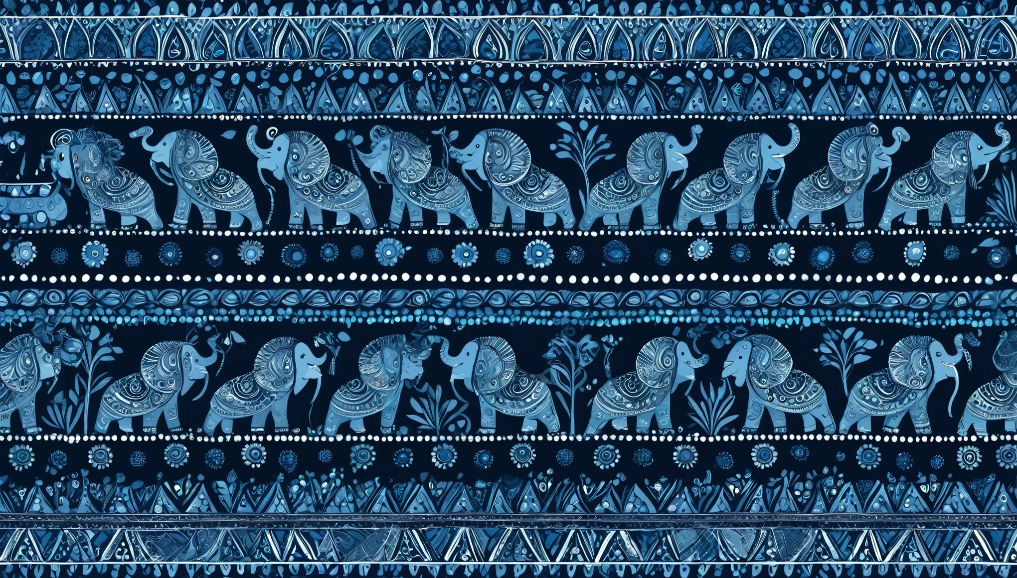 Bohemian style pattern and Paisley pattern - hand drawn, dark blue and black tones, smiling elephant walking tones