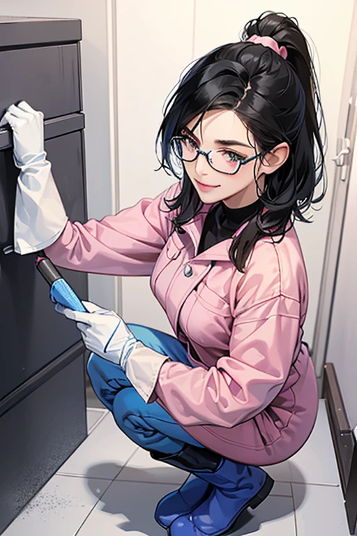 A mature woman with black hair and glasses wearing a blue long-sleeved jumpsuit, pink long rubber gloves and white rubber boots, cleaning a toilet with a gentle smile