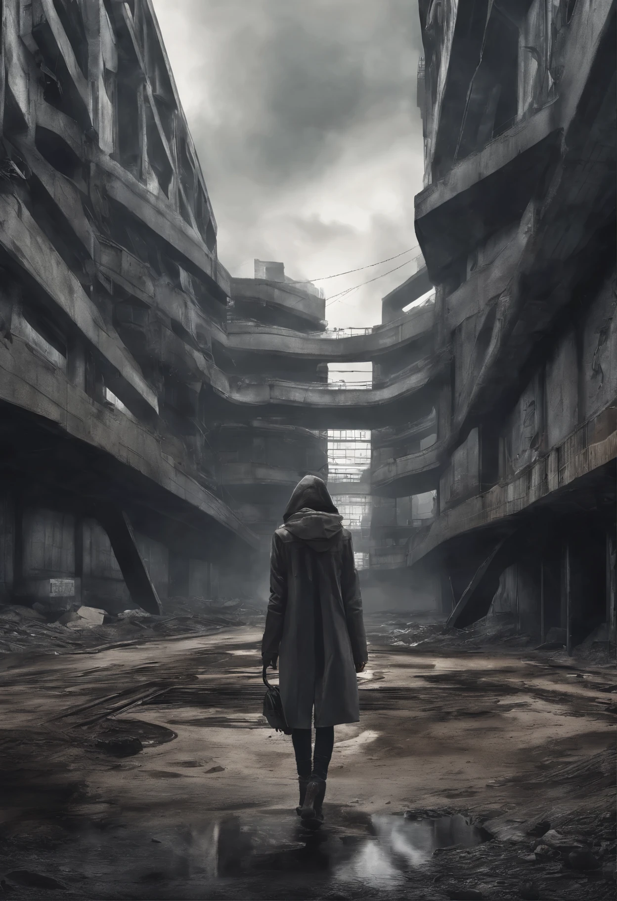 image taken from above and behind the shoulder of a dirty GIRL with her back turned and DRESSED IN a dirty HOOD from a second floor balcony of a dilapidated futuristic curved building, she is looking at an ultra futuristic wide and tall wall, has 2 giant tunnels in the wall with giant hydro-electric turbine propellers, distopia, lixo nas ruas, curved buildings in ruins, apocalypse moderno,  has smoky metal structures , It&#39;s raining, there are puddles of water in the streets, apocalyptic industrial environment with smoke and fog around, carros escuros nas ruas, tem viadutos largos e longos e bifurcados no meio da cidade, desert megalopolis, trilhos e trens modernos de de metal passando estre as ruas da cidade, curved and tall futuristic metal buildings, many ultra modern curved buildings around, as realistic as possible, As detailed as possible, imagem realista, Science fiction
