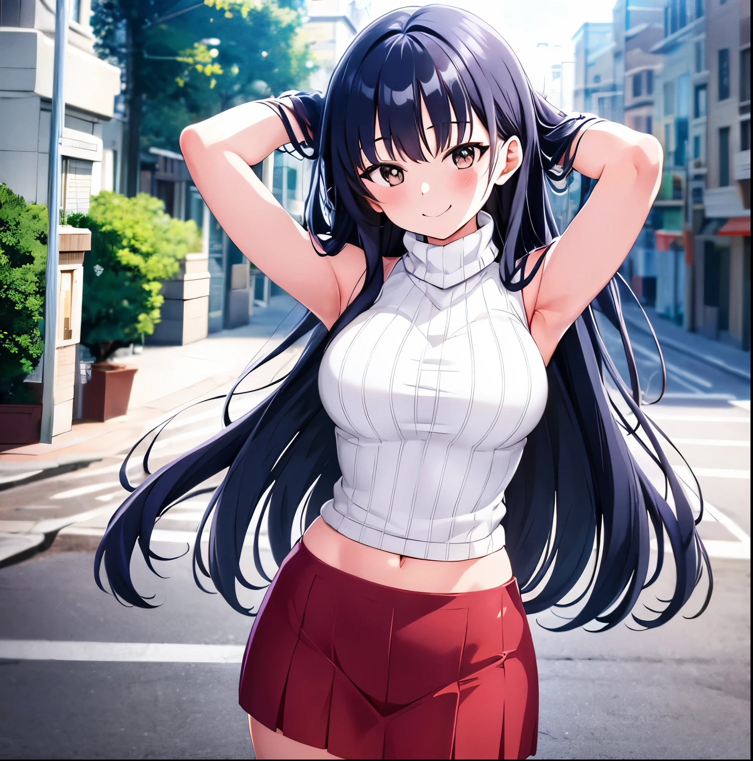 1girl, alone, Anna Yamada,masterpiece,best quality,highres,ultra-detailed,aaanna,long hair,bangs,large breasts,(sweater:1.2),(turtleneck:1.2),street,smile,standing,(sleeveless:1.4),arm_behind_head,arms_up,cowboy shot,no pants, perfect hands, perfect anatomy 